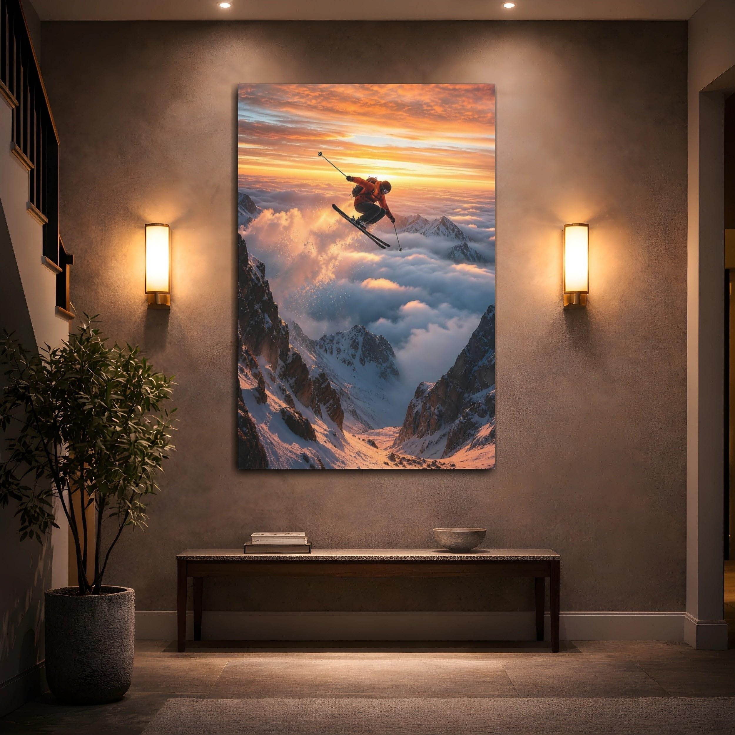Nature Mountain Skier Orange Sky Canvas Wall Art Print – Living Room Decor 24×36 inch (60×90 cm) - Vertical / 1.25 inch (3 cm)
