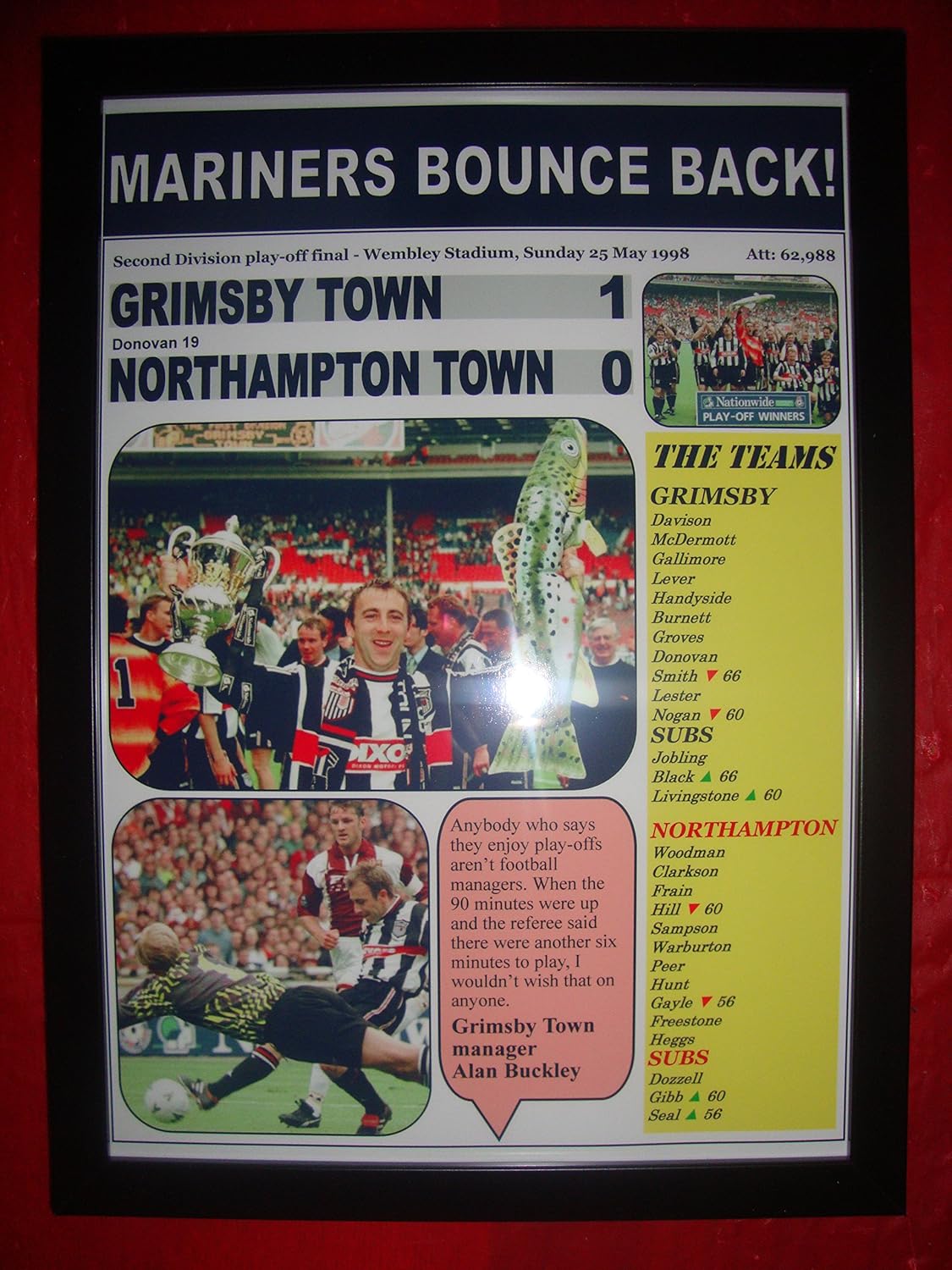 Lilywhite Multimedia Grimsby Town 1 Northampton Town 0-1998 play-off final - framed print