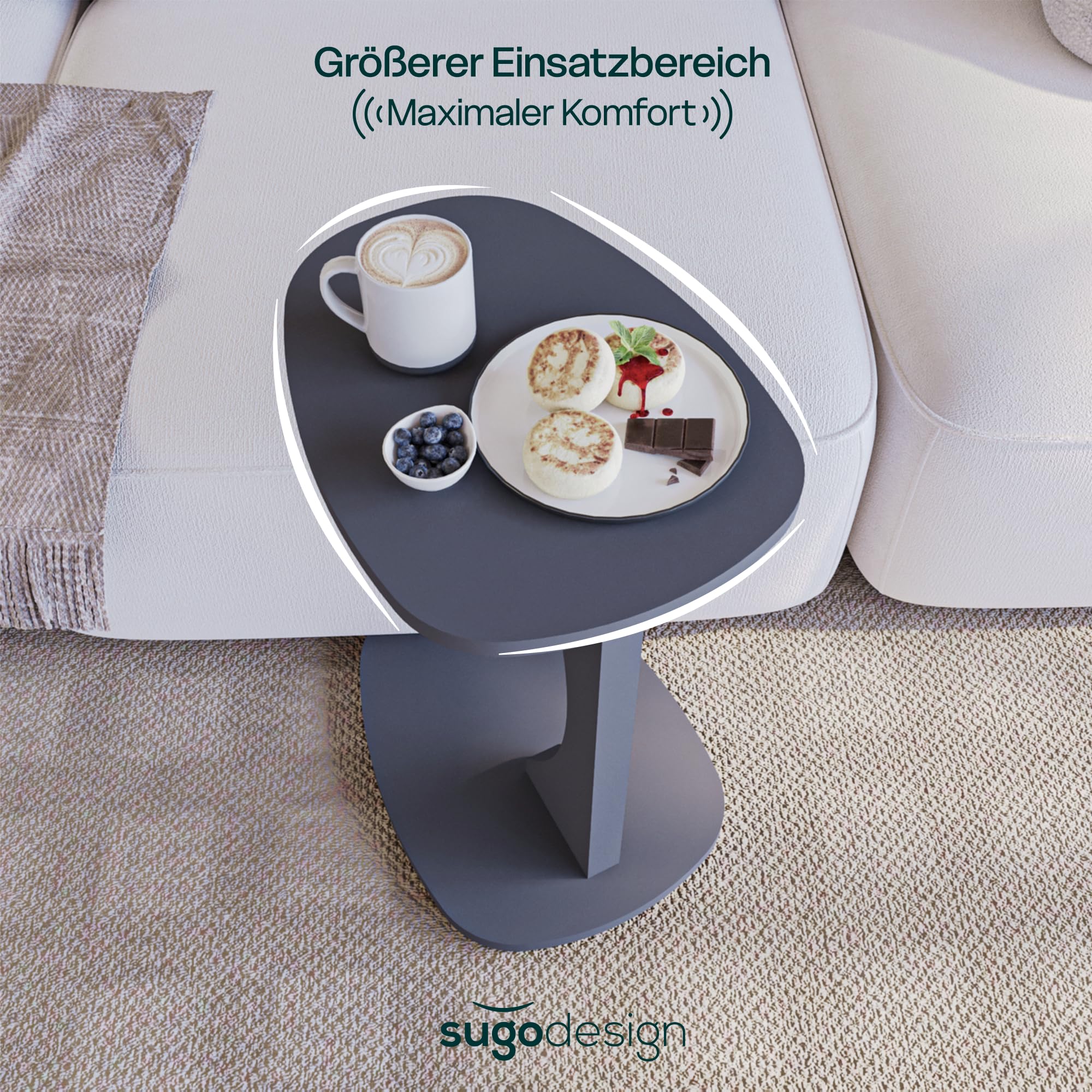 sugodesign Beistelltisch Couch mit Rollen, Kleiner Beistelltisch C-Form, Sofatisch in stylischem Anthrazit, Kleiner Couchtisch fürs Wohnzimmer, ideale Ablagefläche für Laptops, Tassen - Norma