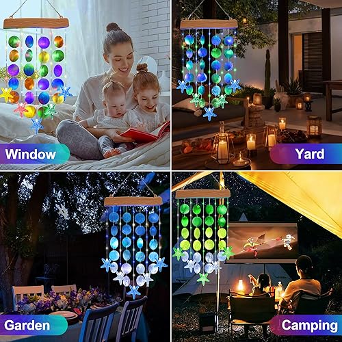 Miniatura 6 de Toodour Campanas de viento solares para exteriores, regalos de cumpleaños para mujeres, mamá, abuela, impermeables, 2 modos, conchas, luces solares