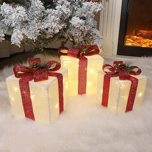Miniatura 2 de Cajas de regalo navideñas iluminadas  Juego de 3, decoraciones navideñas plegables para interiores con 60 luces LED cálidas preiluminadas, marco de