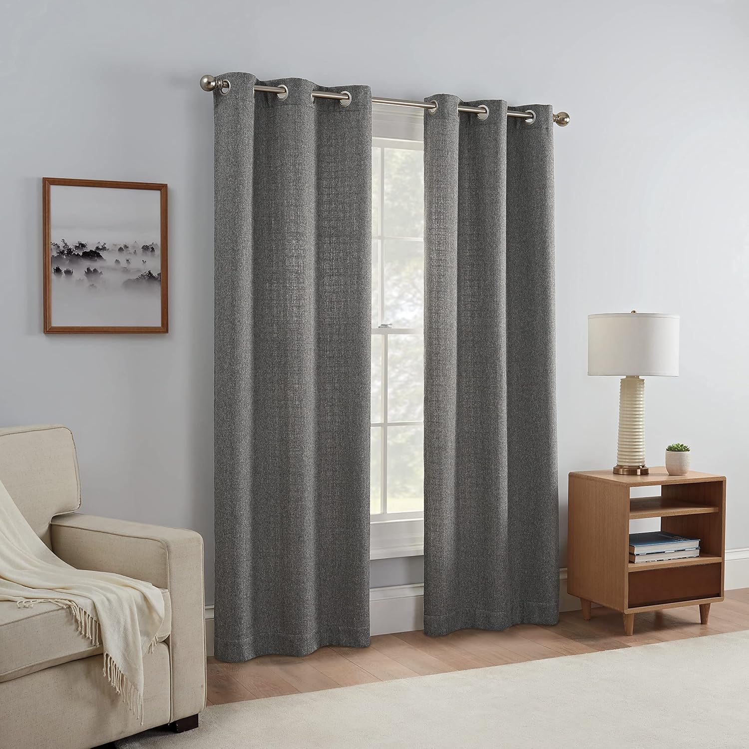 Eclipse Carter Draftstopper Light Filtering Grommet Lined Window Curtains for Living Room (2 Panels), 37 in x 84 in, Charcoal