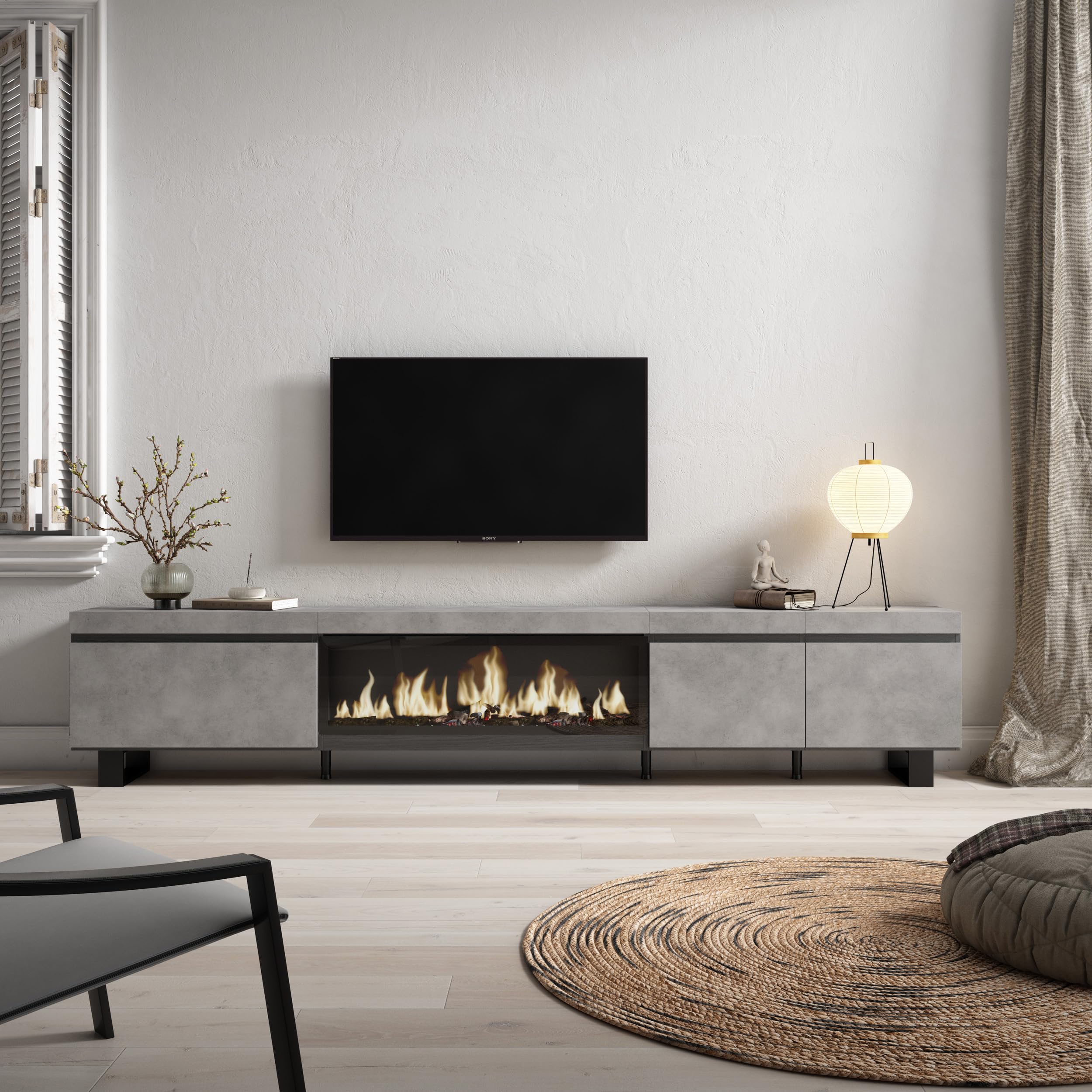 Skraut Home | Mueble TV | Televisión | Muebles de salón, almacenaje | 288x57x35 cm | para TV Gran Formato | Chimenea eléctrica XXL | Diseño Industrial | Estilo Moderno | Cemento
