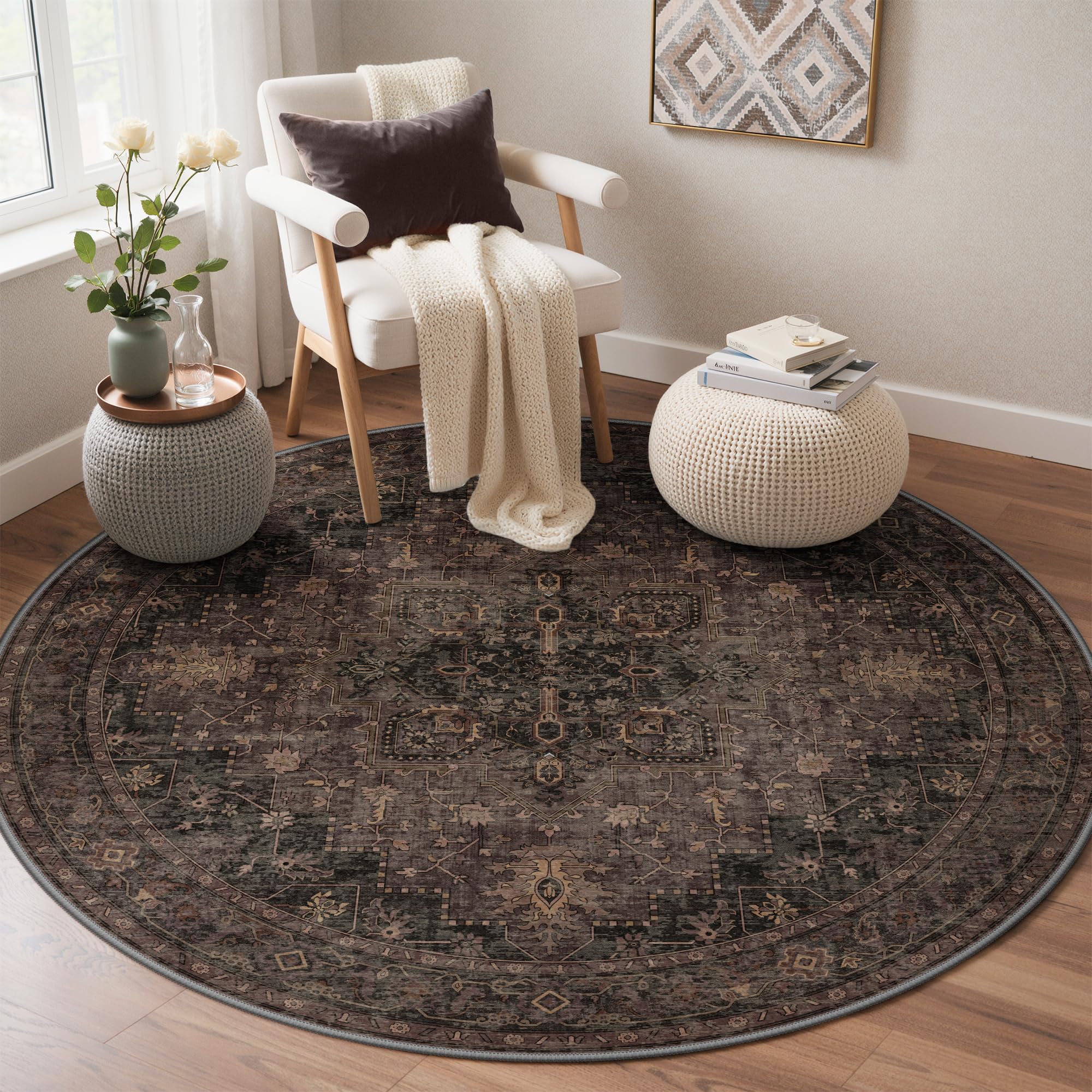 GENIMO Round Rug 120cm for Living Room & Bedroom, Vintage Area Rug Washable, Circle Small Rug Boho, Non-Slip Carpet Dining Room, Low Pile, Traditional Oriental Printed Design, Dark Brown โ image 1