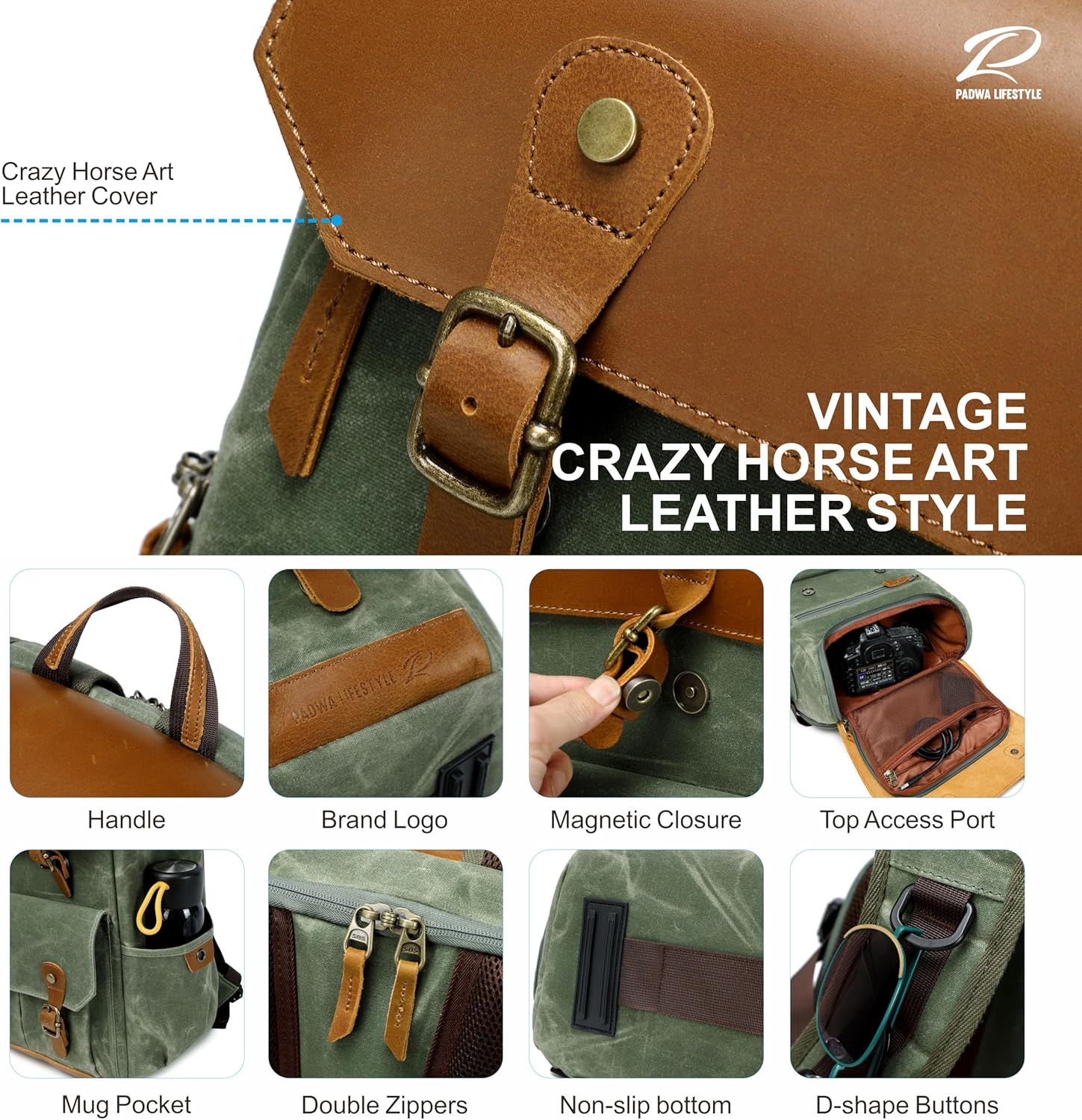 Padwa Lifestyle Green Camera Backpack - Waxed Memory Canvas Camera Bag, Multi DSLR SLR Large Camera Backpacks for Photographers with 16” Laptop & Lens Compartment and Tripod Holder & Weather Resistant