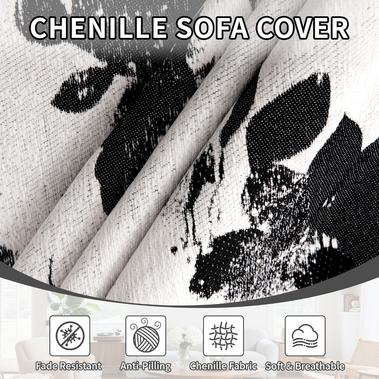 Sectional Couch Covers for Sectional Sofa 1OO% Waterproof L Shaped Couch Cover Blanket Dog Pet Friendly 2 pcs Chenille Washable L Shape Sofa Cover Protector (XX-Large, Black Flower)