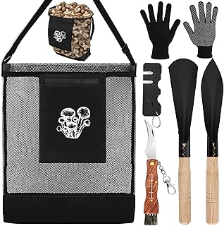 Mushroom Foraging Set, Foraging Kit with 1 Mesh Bags, 1 Foldable Knife, 1 pair of Gloves, 1 Sharpener, 2 Shovel Tools for Wild Mushroom Hunting, Outdoor Adventures