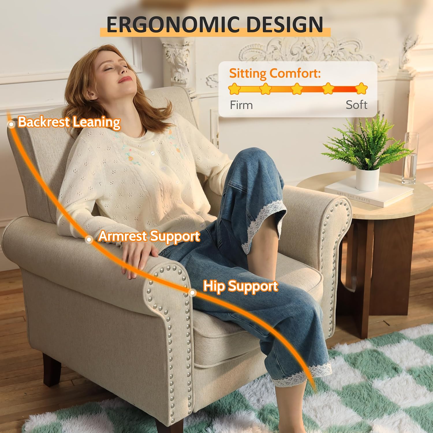 PrimeZone Comfy Accent Chair, Mid-Century Modern Fabric Living Room Chair Reading Chair with Soft Cushion, Nailhead Trim & Rolled Armrest, Arm Chair Sofa Chairs for Bedroom Waiting Room Office, Beige