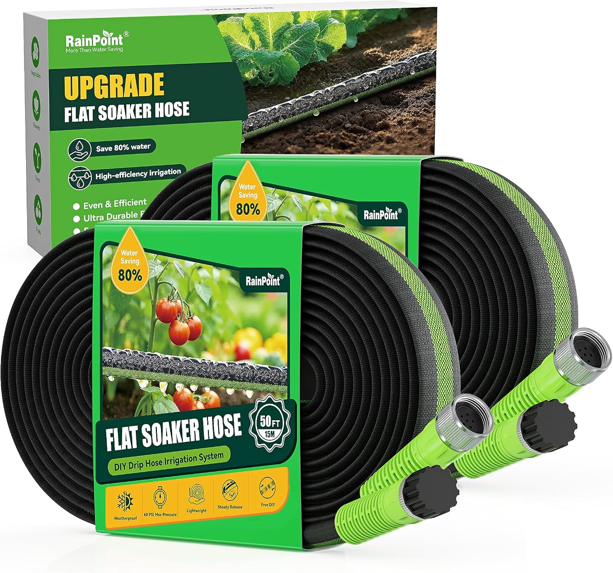 RAINPOINT Manguera de riego plana de 100 pies para jardín, manguera de goteo con extremos de aluminio anodizado aeronáutico, flexible a prueba de fugas y ahorra un 80% de agua, manguera de riego de jardín, verde (50 pies x 2 unidades)