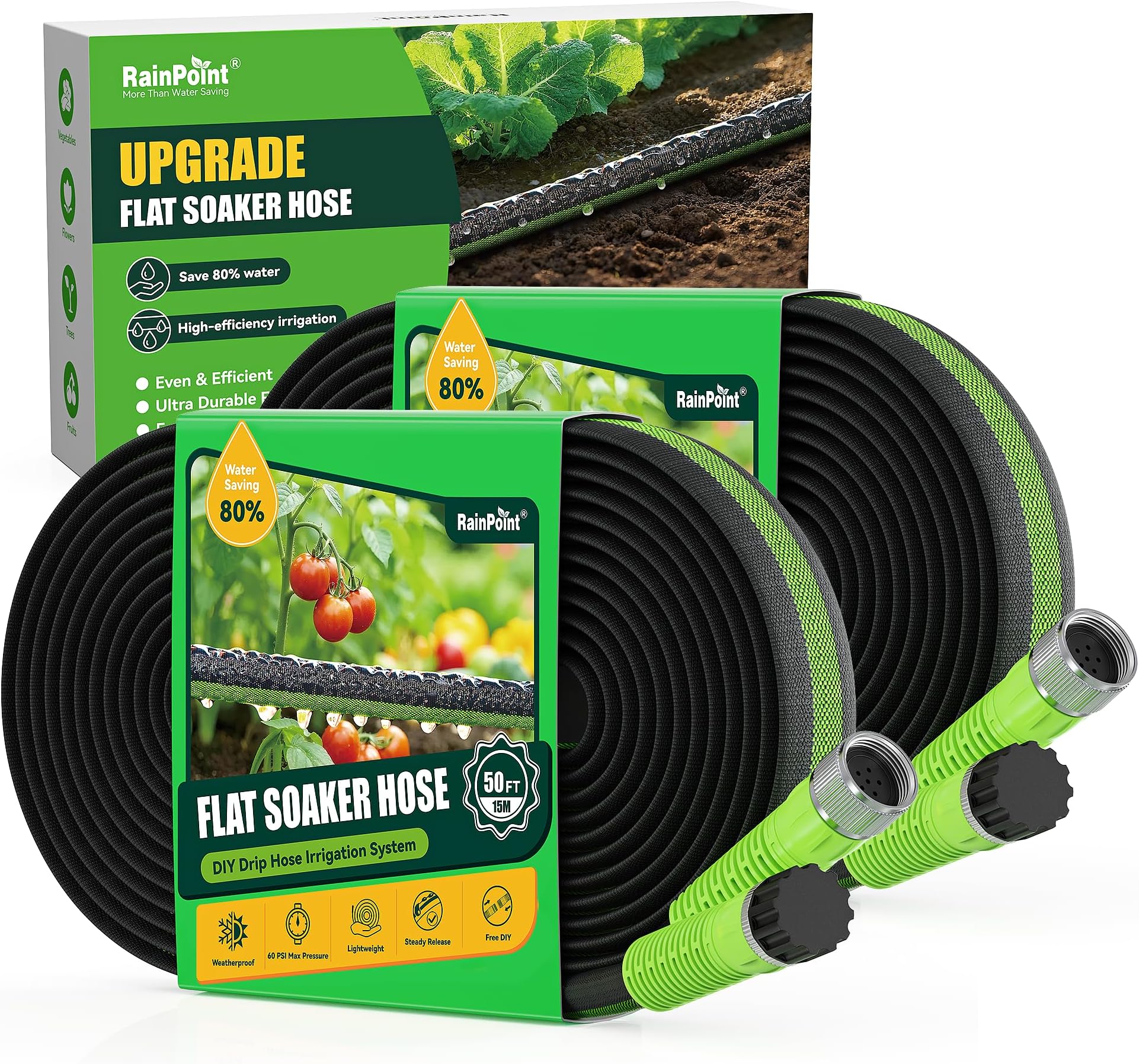 Flat Soaker Hose 100FT for Garden, Drip Hose with Anodized Aircraft Aluminum Ends, Flexible Leakproof and Save 80% Water Garden Irrigation Hose, Green (50FT X 2Pack)