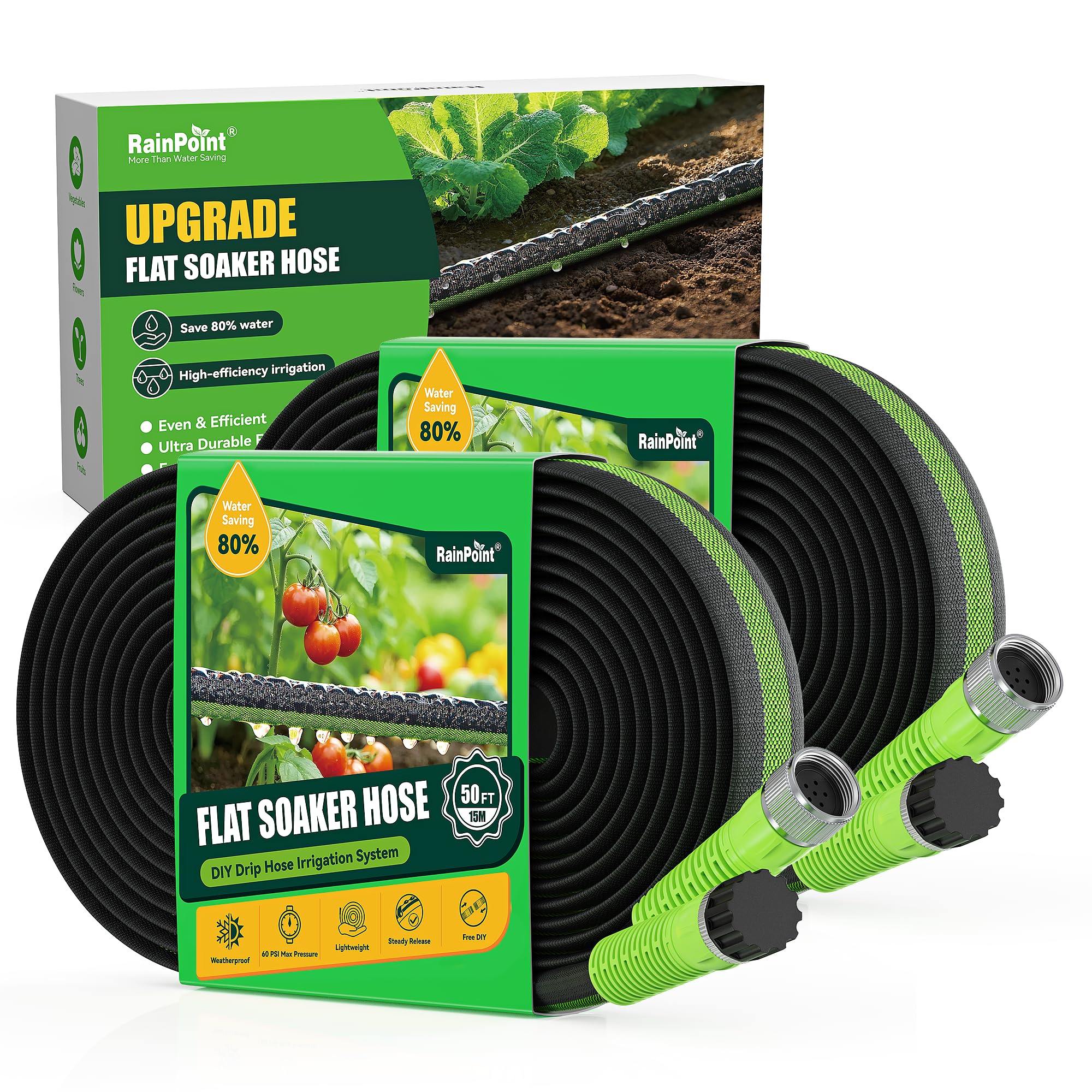 RAINPOINT Flat Soaker Hose 100FT for Garden, Drip Hose with Anodized Aircraft Aluminum Ends, Flexible Leakproof and Save 80% Water Garden Irrigation Hose, Green (50FT X 2Pack)