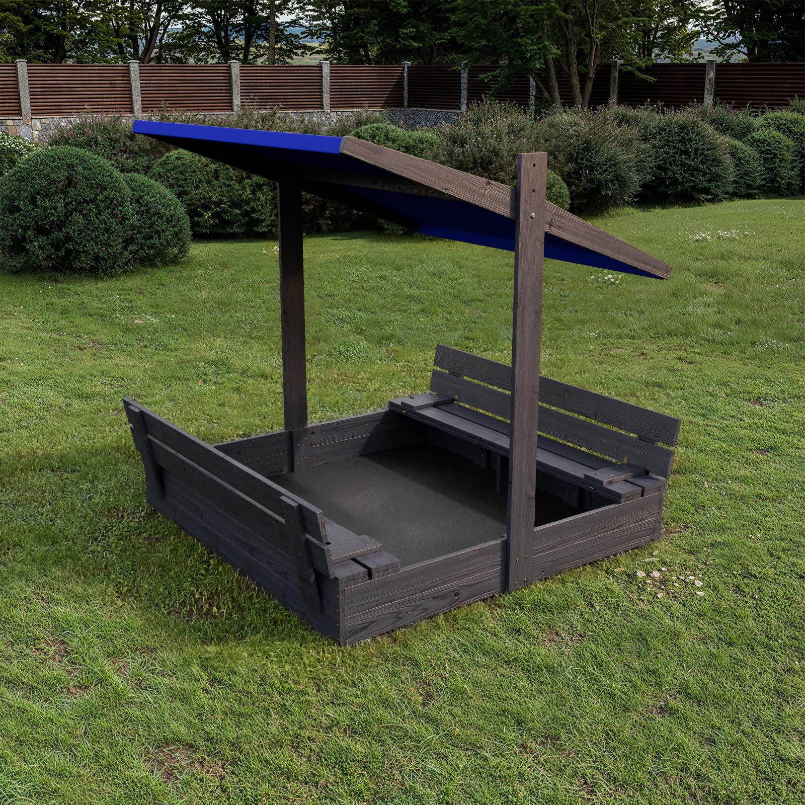 QLS Bac à Sable Bois 120 cm avec Toit et Banc Bleu/Anthracite