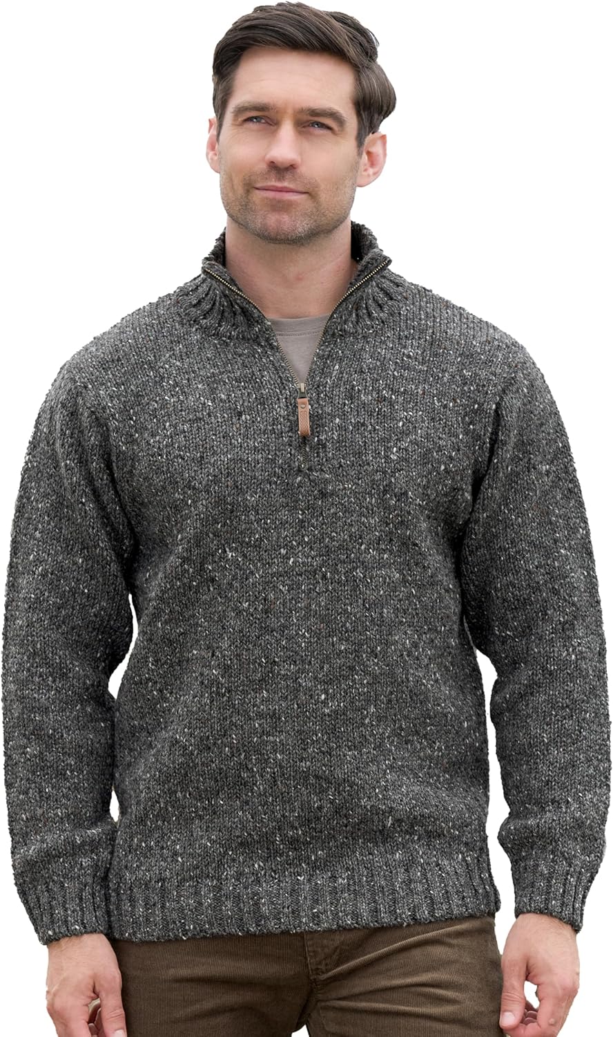 Aran Crafts Men's Irish Cable Knitted Half Zip Sweater (100% Donegal Wool)