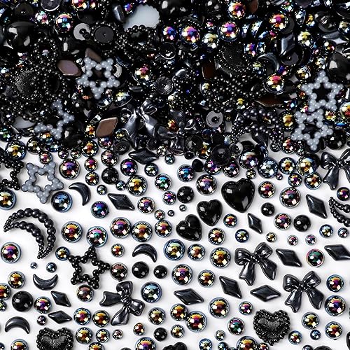 1450 dijes de uñas multiformas 3D y perlas de parte trasera plana, estilos mixtos de color negro, perlas de estrella de corazón con parte trasera