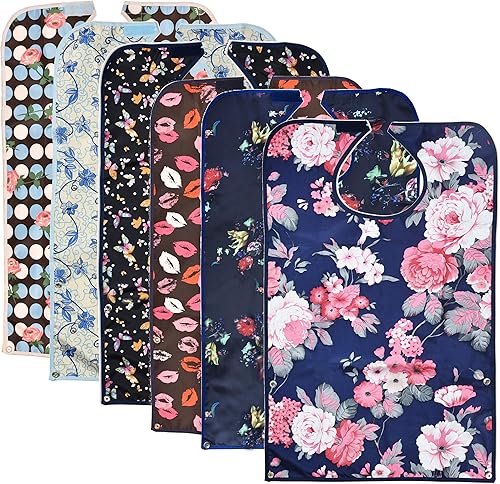 Paquete de 6 baberos para adultos con recogedor de migas, protectores de ropa impermeables y reutilizables para mujeres mayores