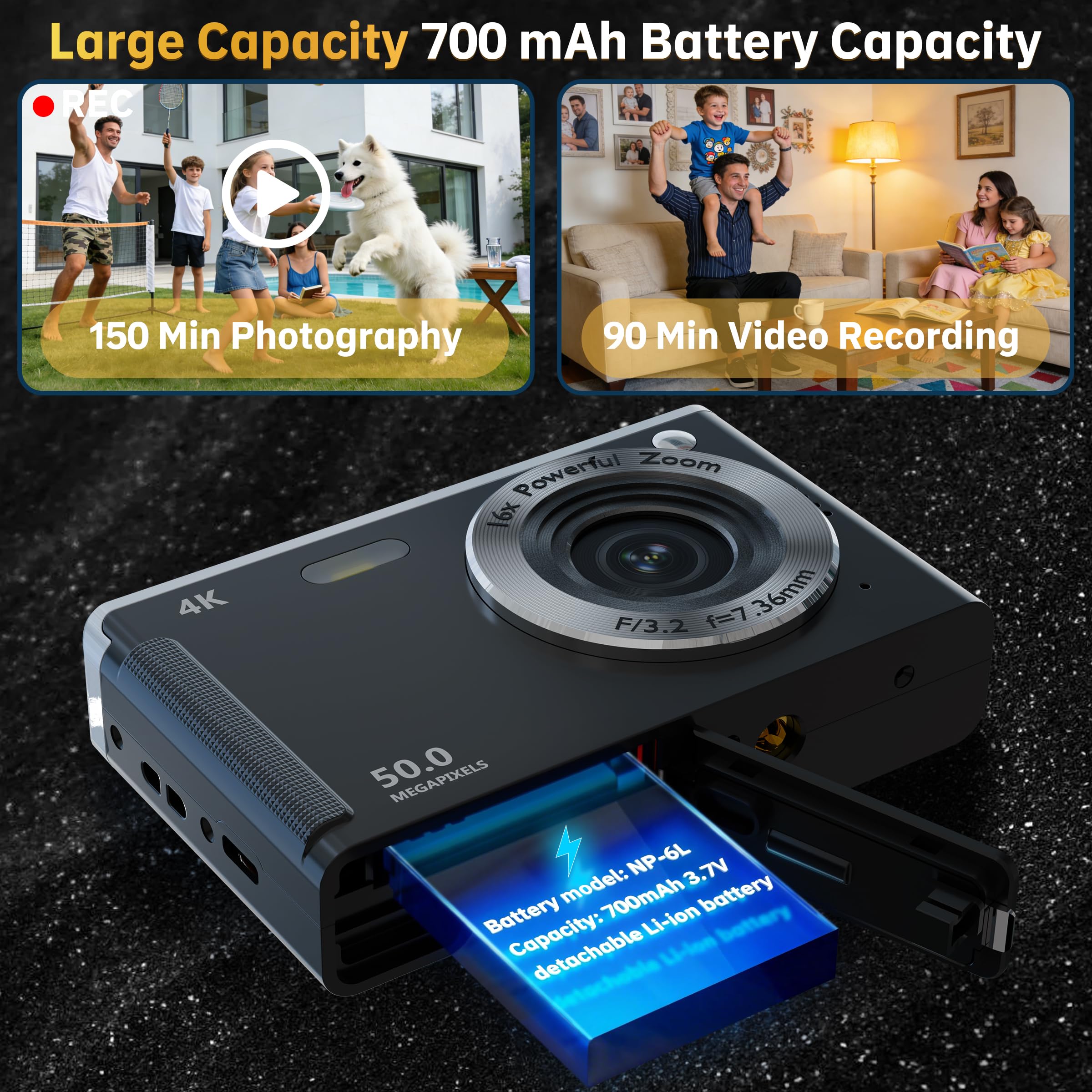 Fotocamera digitale 4K per fotografia autofocus, zoom 16x, fotocamera digitale compatta portatile da 50 MP, fotocamera compatta da viaggio per principianti con scheda da 32 GB, 2 batterie, colore nero