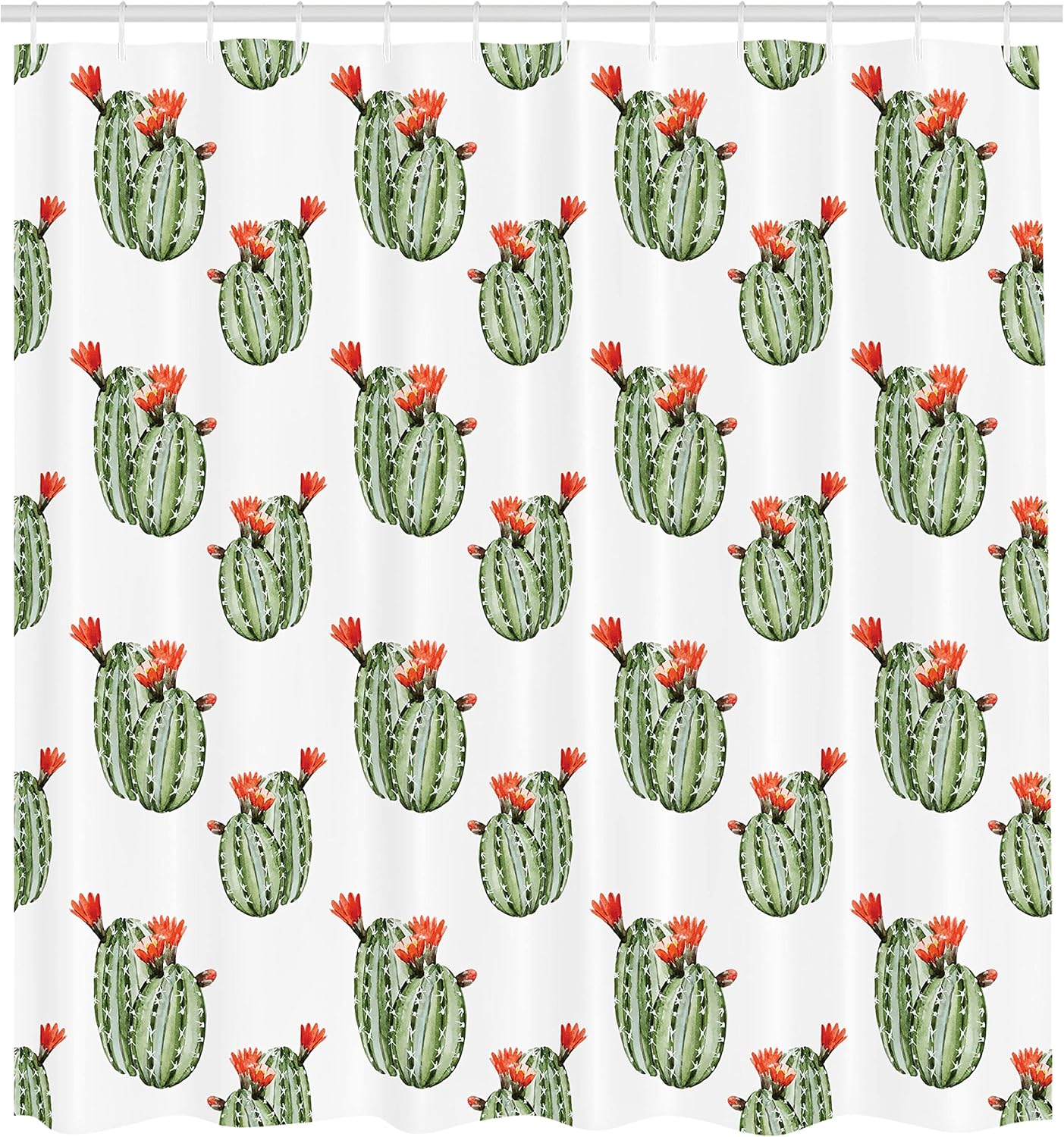 Ambesonne Cactus Shower Curtain, Cacti Spikes and Red Flowers Mexican Hot Desert Vintage Image Art, Cloth Fabric Bathroom Decor Set with Hooks, 69" W x 84" L, Green and Orange