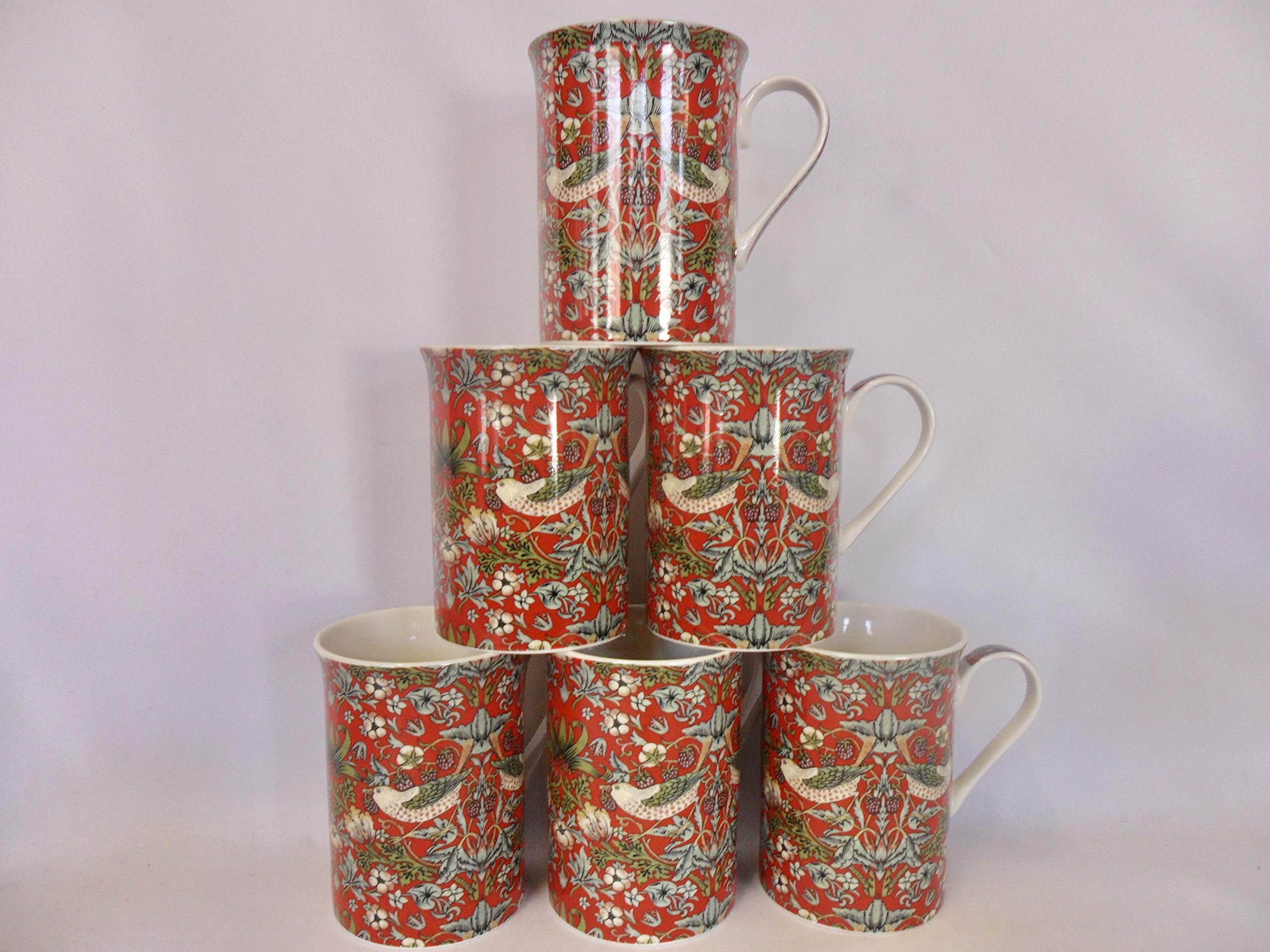 Abbeydale Red Set Of 6 China 10Oz Mugs In William Morris Strawberry Thief Design