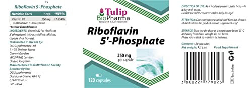 Tulip BioPharma Vitamin B2 (Riboflavin 5'-Phosphat) 250mg 120 Kapseln, Laborgeprüft, Hochdosiert, Nicht GVO & Glutenfrei