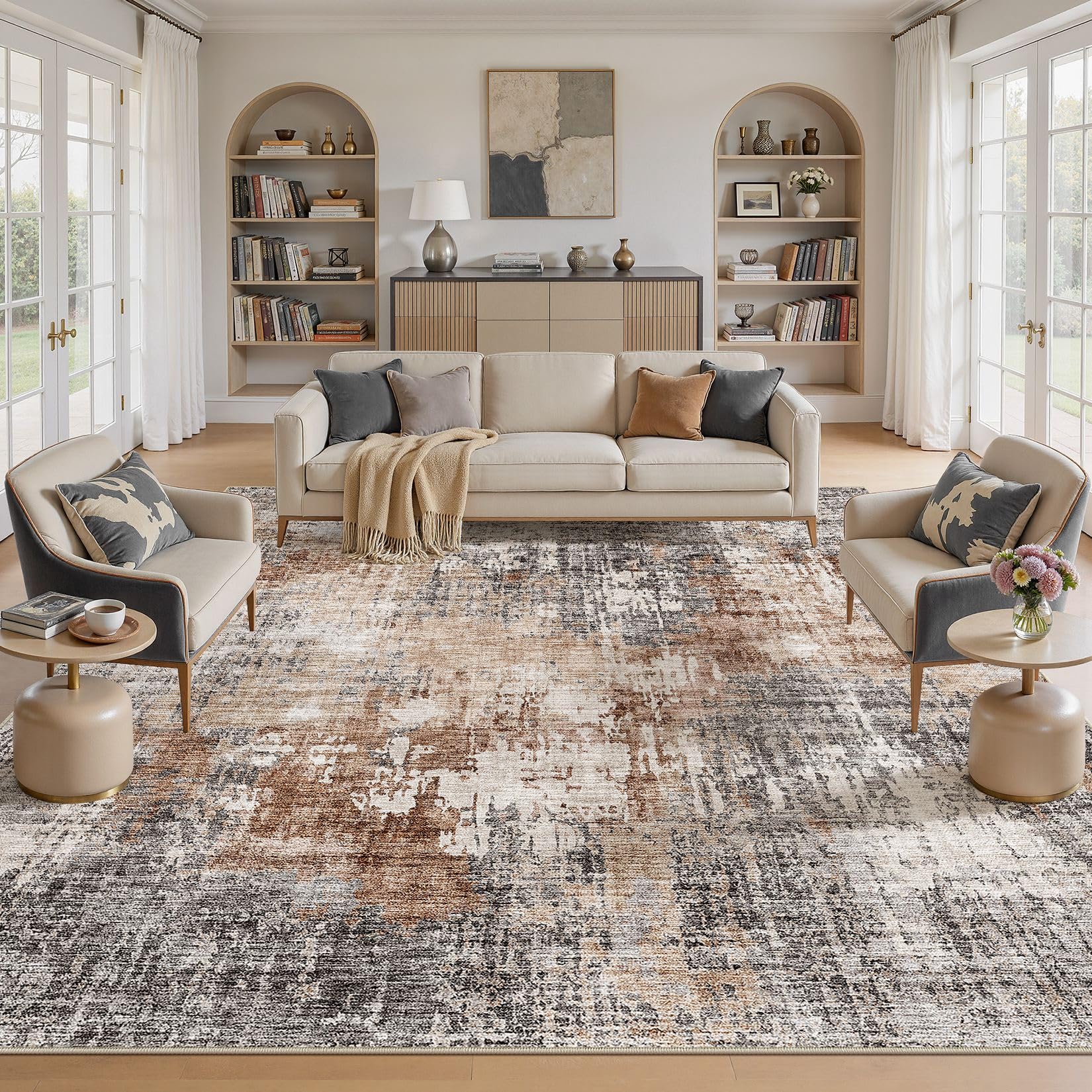 Photo 1 of DMOYEST Square Area Rug Living Room Rugs - 12x12 Washable Extra Large Soft Indoor Neutral Modern Abstract Low Pile Rug Carpet for Bedroom Dining Room Farmhouse Home Office - Grey Brown