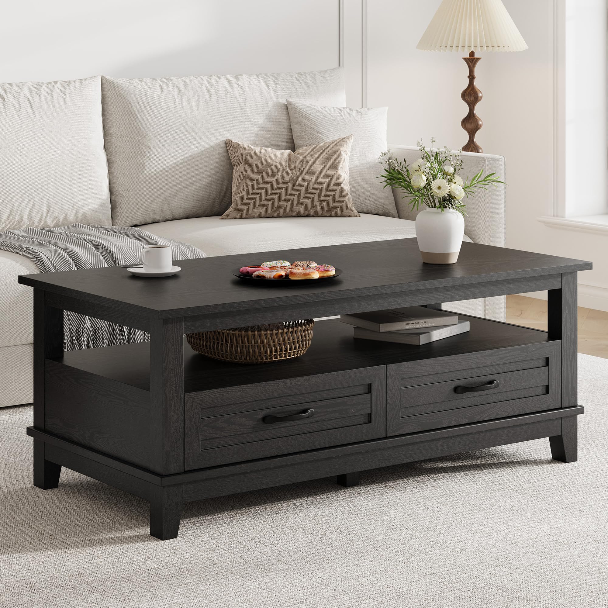 GarveeHome Farmhouse Coffee Table with Drawers, 47.2 in Center Table Rustic Coffee Tables Black Living Room Table, with Open Shelf and 6 Support Legs