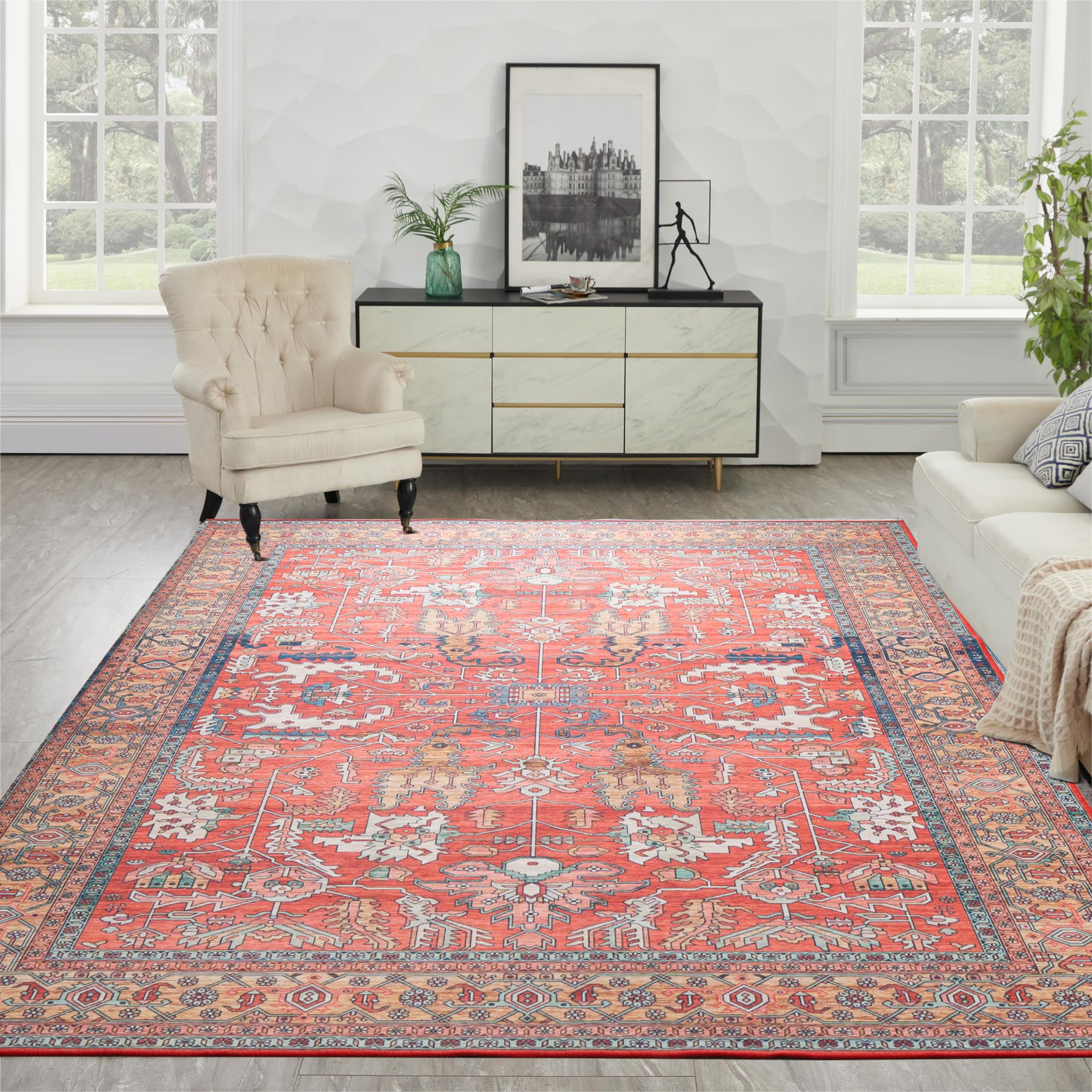 Washable Rug Vintage Area Rugs, 5'x 7' Living Room Rug with Non Slip Backing, Distressed Indoor Carpet Non-Shedding Red Rug, Vintage Floor Mat Indoor Rug (Red-FG18, 5'x 7')