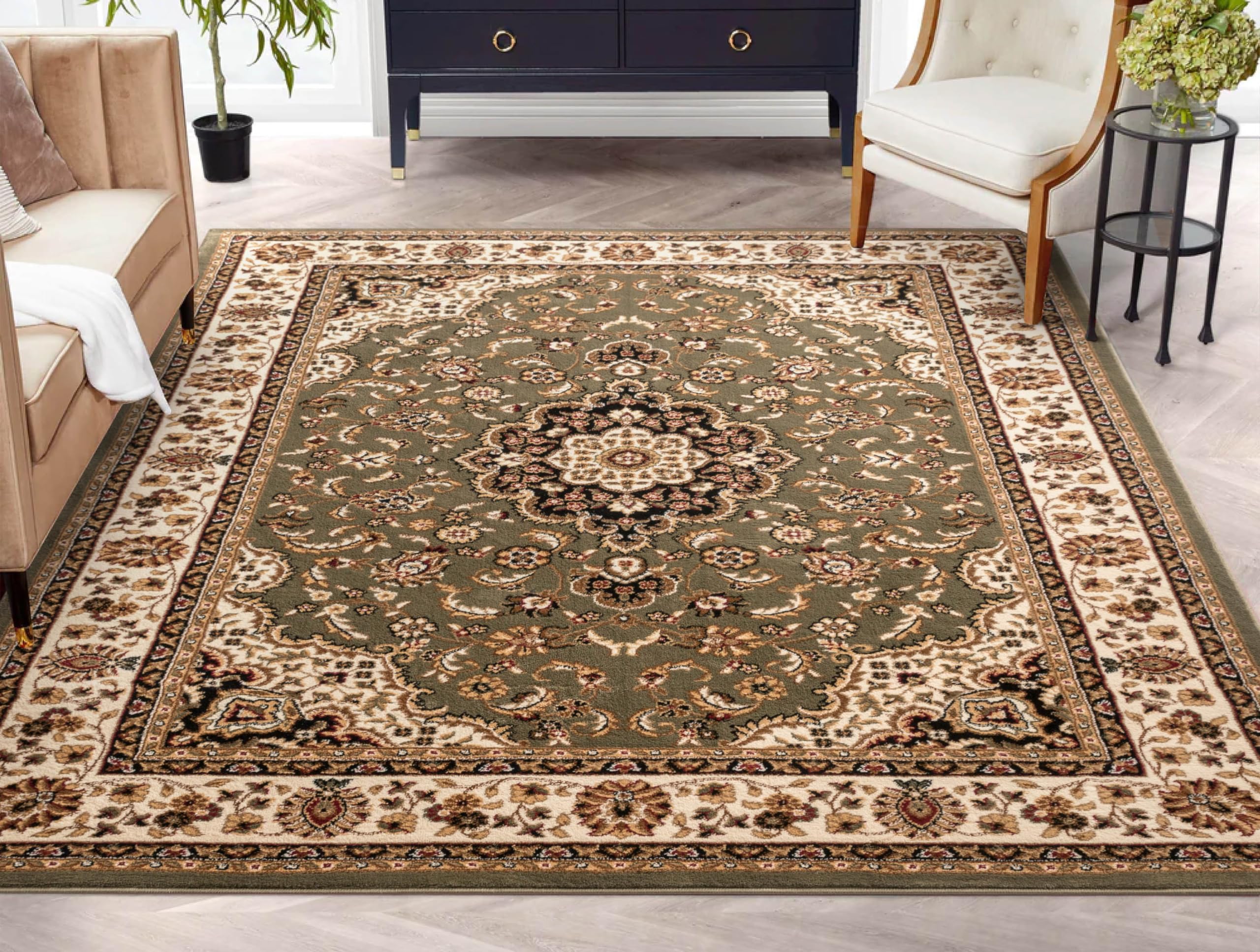 Well Woven Barclay Collection Medallion Kashan Green 8x10 Area Rug - for Living Room, Bedroom, and Dining Room