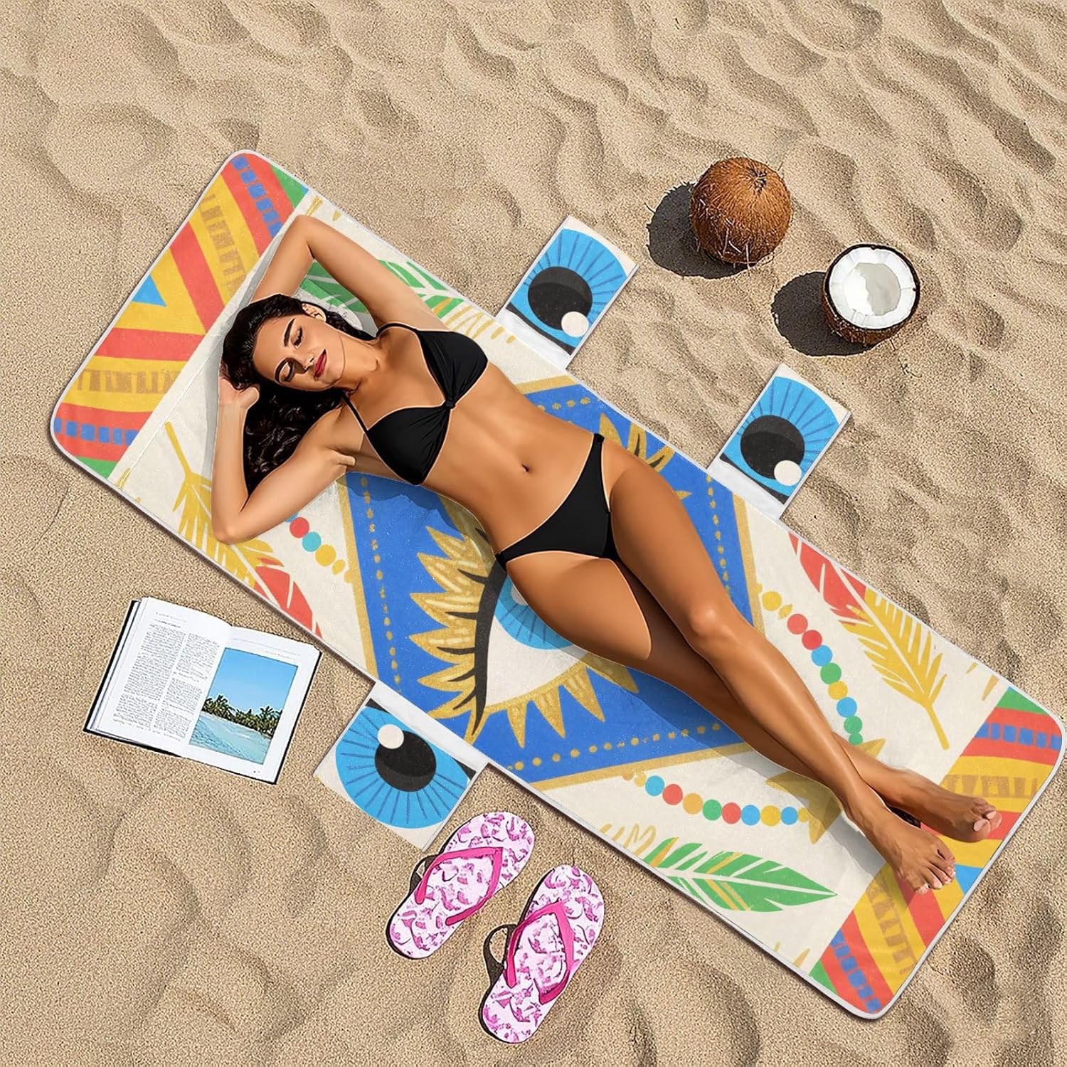 Colorful Bohemian-style Eye Patterns Patio Chaise Lounge Chair Cover Soft Absorbent Patio Chaise Lounge Slipcover for Pool Sunbathing Beach Garden, 85" X 30"