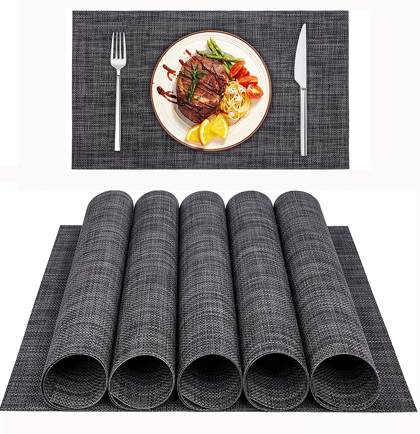 Placemats for Dining Table, Set of 6 PVC Black Placemats, Heat Resistant Non Slip Stainproof Table Mats, Waterproof Wipeable Washable Tablemats, for Kitchen Home Restaurant and Hotel