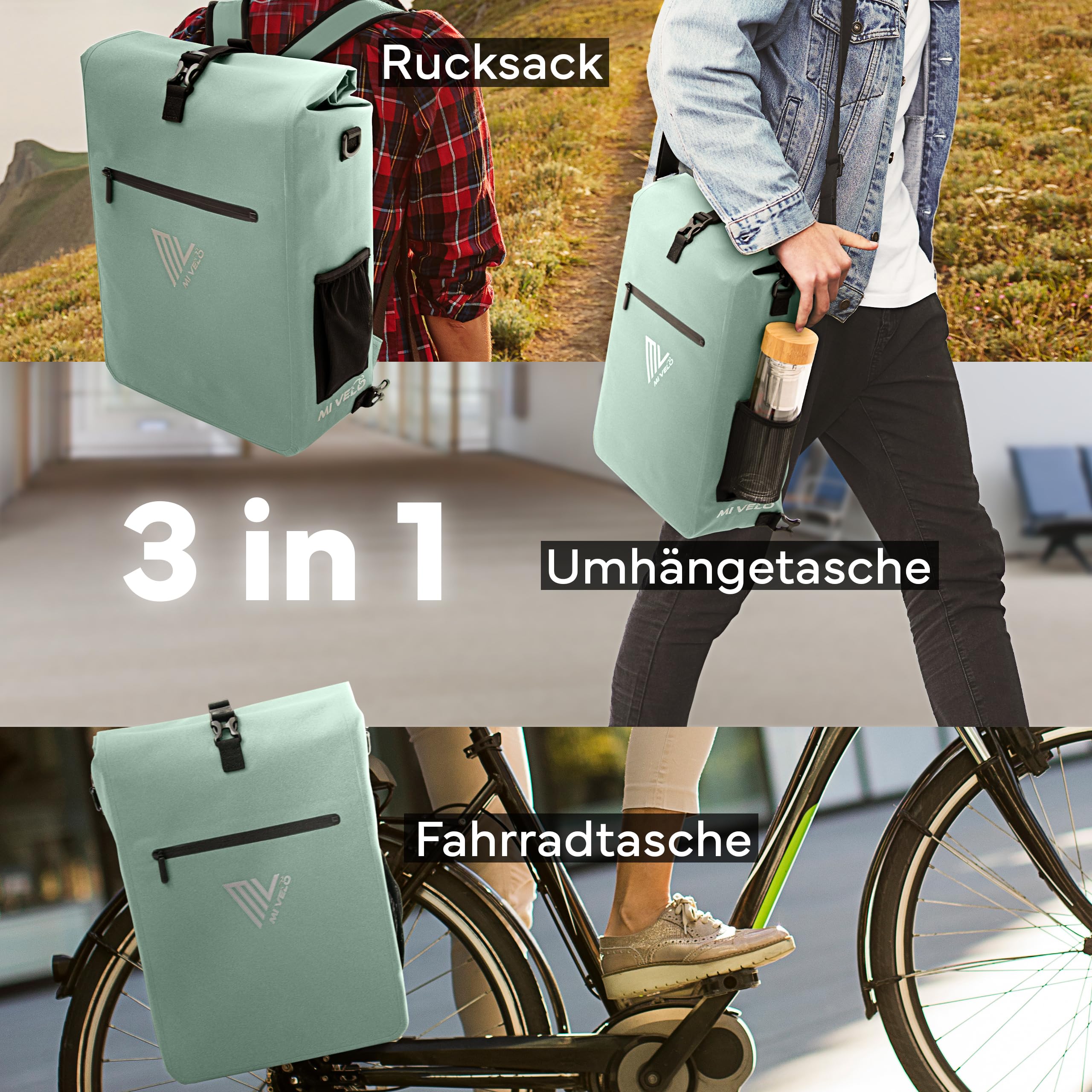 MIVELO Fahrradtasche für Gepäckträger - 3in1 Gepäckträgertasche Rucksack Umhängetasche - 100% wasserdicht und PVC-frei - mit herausnehmbarer Laptoptasche (Mint)