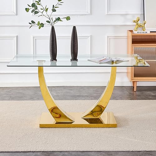 Miniatura 6 de Mesa de comedor rectangular moderna de vidrio para 4, 6, 8, mesa de comedor con mesa de vidrio templado y pedestal de metal chapado en oro en forma