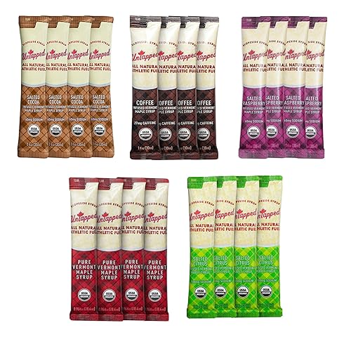 UnTapped Paquete de 20 geles energéticos de jarabe de arce, 5 sabores totalmente naturales, incluyendo café, frambuesa, arce puro, cítricos y cacao,