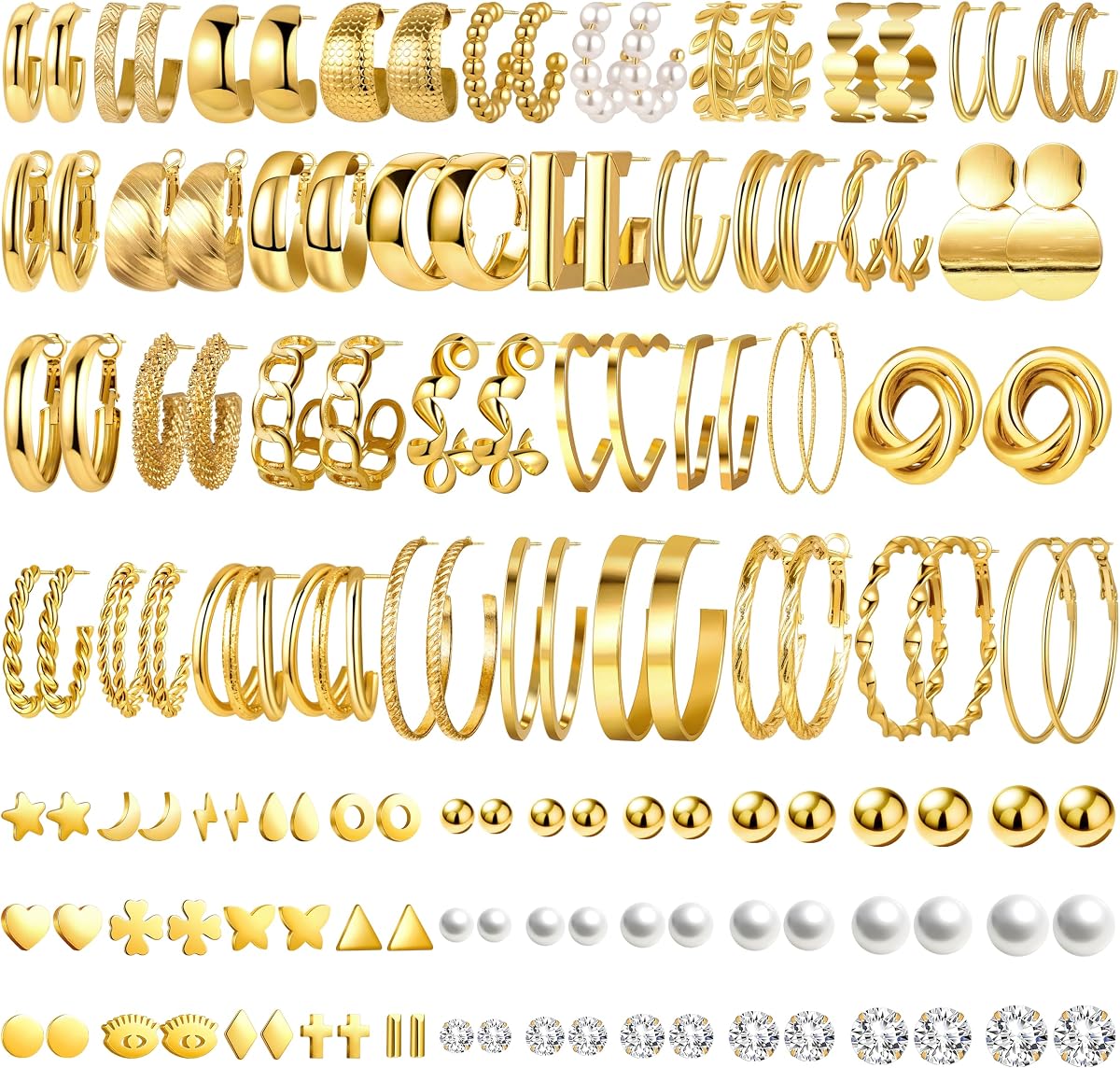 68 Pairs Gold Hoop Earrings Set for Women, 14K Gold Plated Chunky Hoop Earrings Multipack, Dainty Stackable S925 Sterling Silver Lightweight Stack Statement Huggie Earring Pack for Fashion Jewelry Gift
