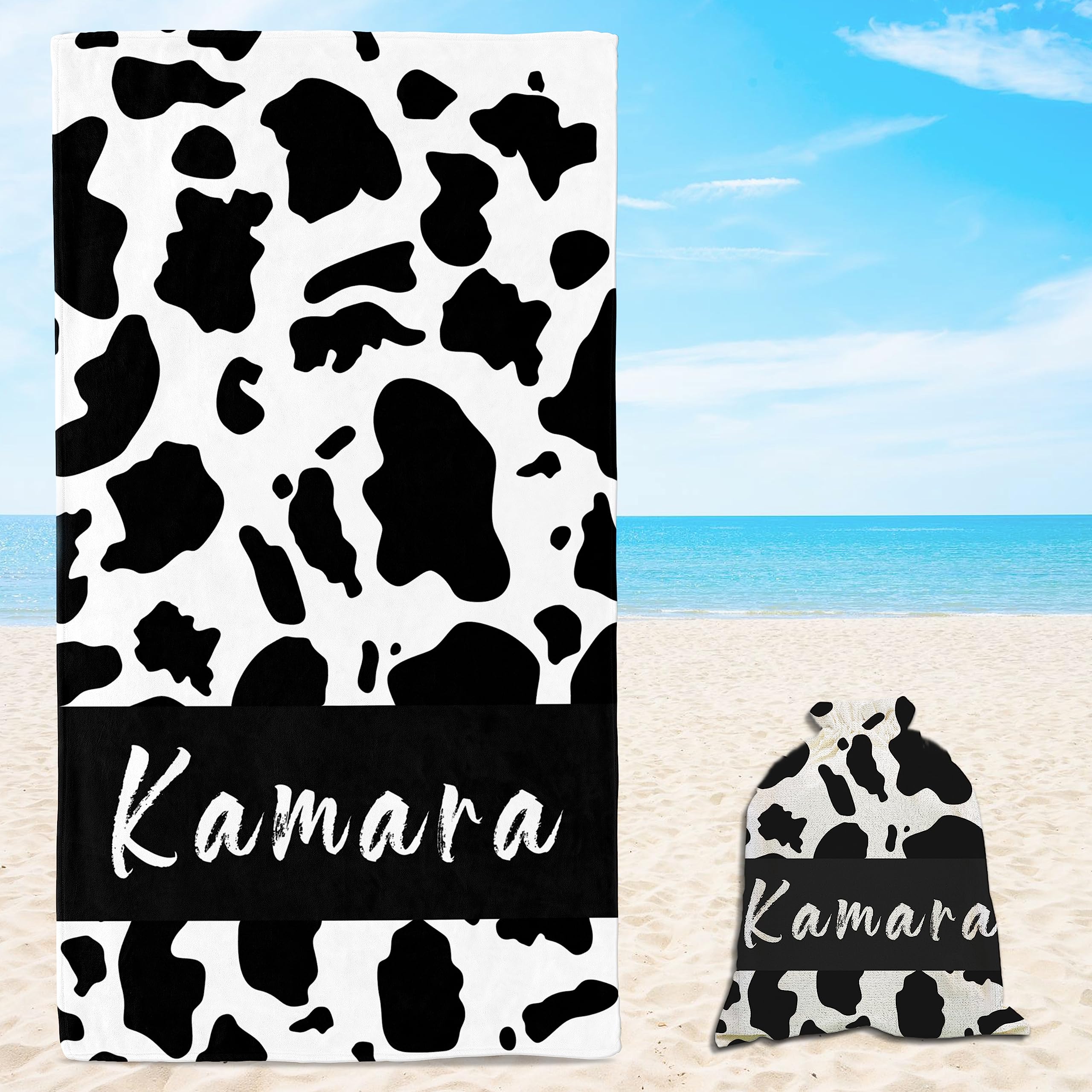 Prints Fun Personalized Cow Print Beach Towels for Kids, Custom Beach Towels with Name for Girls Boys, Microfiber Gifts Quick Dry Sand Free Beach Pool Travel Swimming Towels with Travel Bag