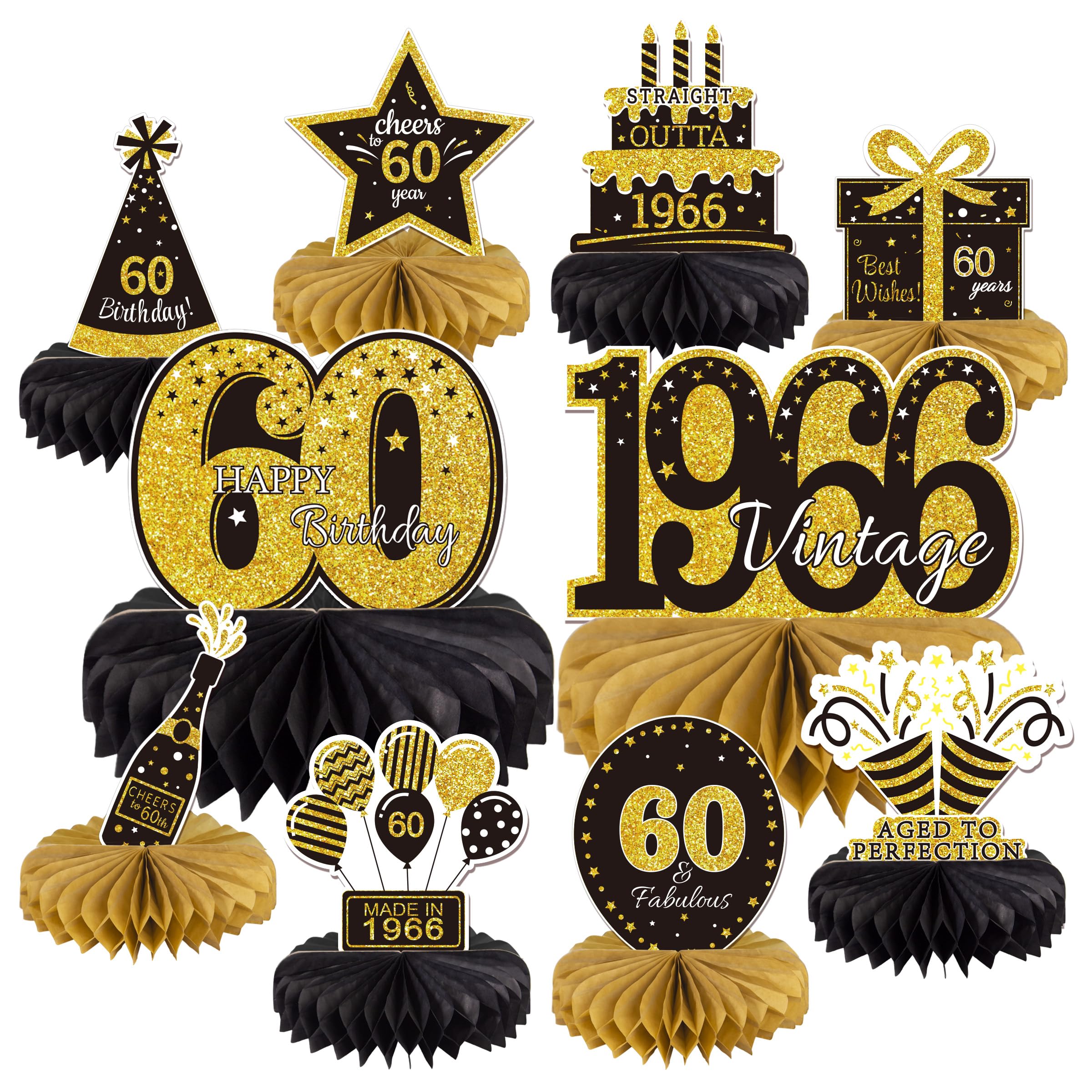 10PCS 60th Birthday Decorations Centerpieces for Table Decorations, 2026 Vintage 1966 Honeycomb Table Topper Back in 1966 Birthday Party Decoration for Men and Women (Gold &amp; Black, 60 Years)