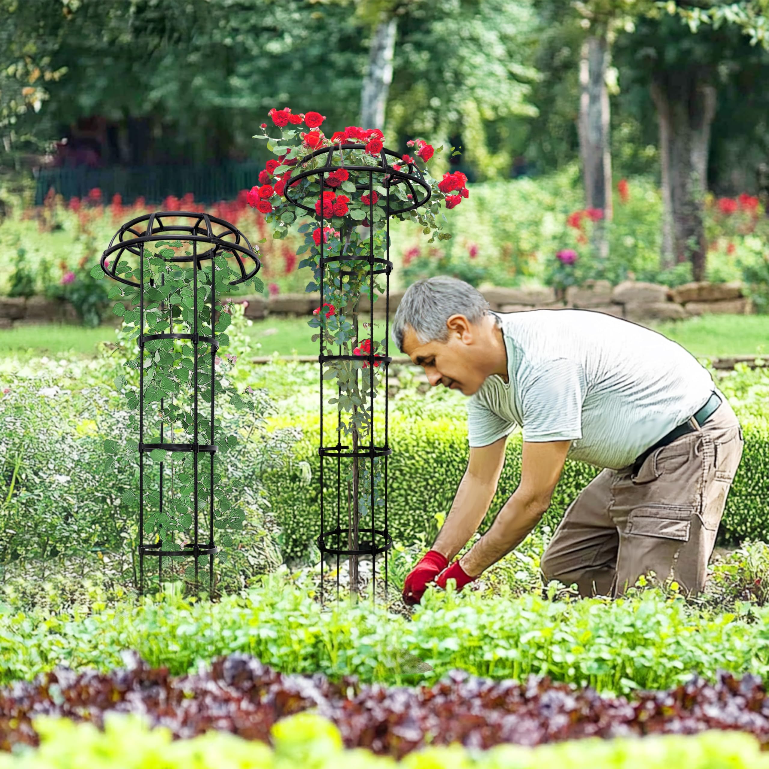Enrejado superior de hongo de 5 anillos para plantas trepadoras, soporte ajustable de 77 pulgadas de alto para jardín interior y exterior, núcleo de metal resistente con revestimiento de