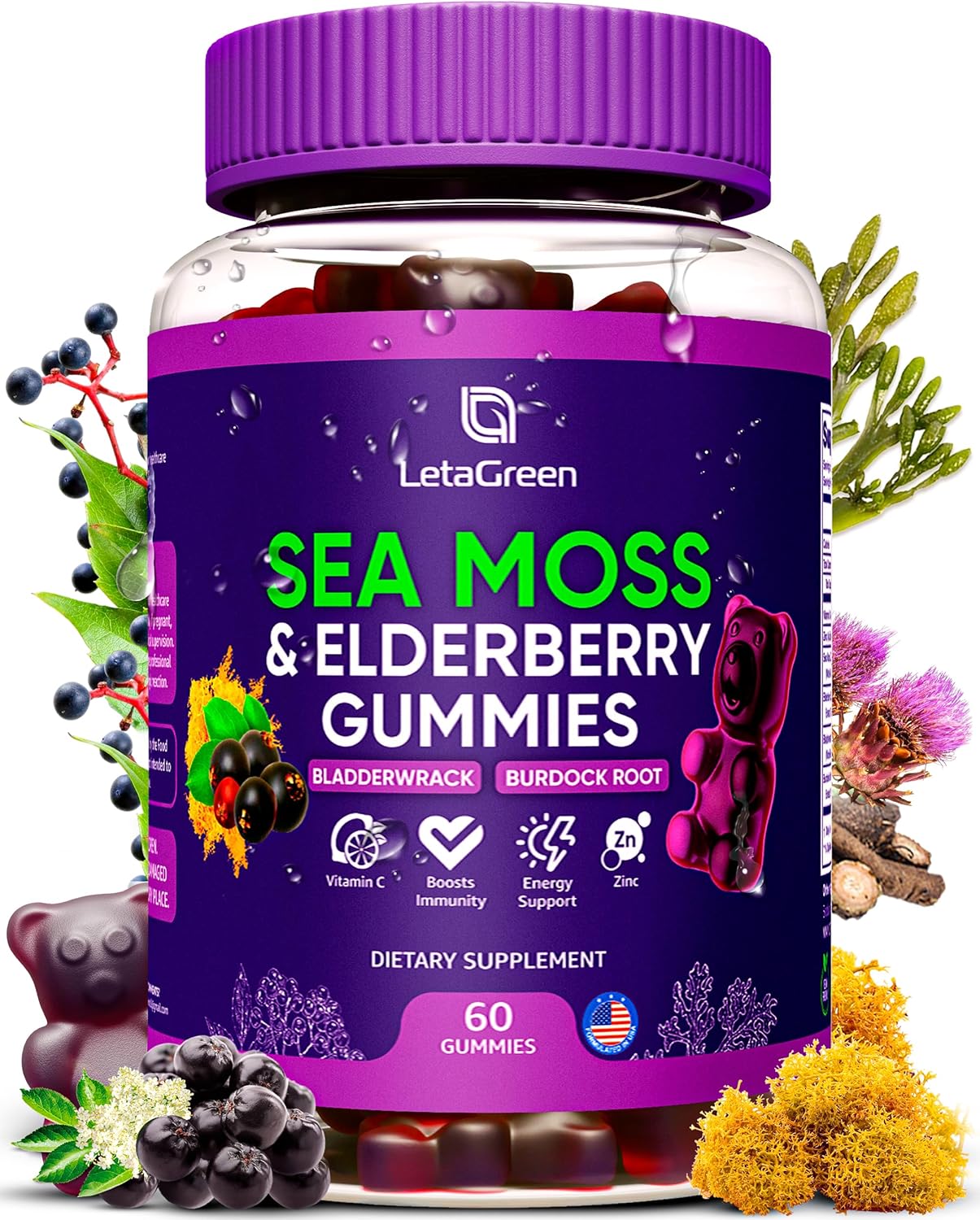 Irish Sea Moss Gummies – Sea Moss Bladderwrack Burdock Elderberry – 60 Vegan Seamoss Bears – Elderberry Gummies for Kids & Adults with Vitamin C & Zinc (Pack of 2)