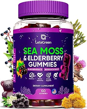 Irish Sea Moss Gummies Bladderwrack Burdock Root Elderberry Vitamin C & Zinc 60 Vegan Seamoss Gummy Bears for Adults Kids Men Women Multimineral Elderberry Vitamins