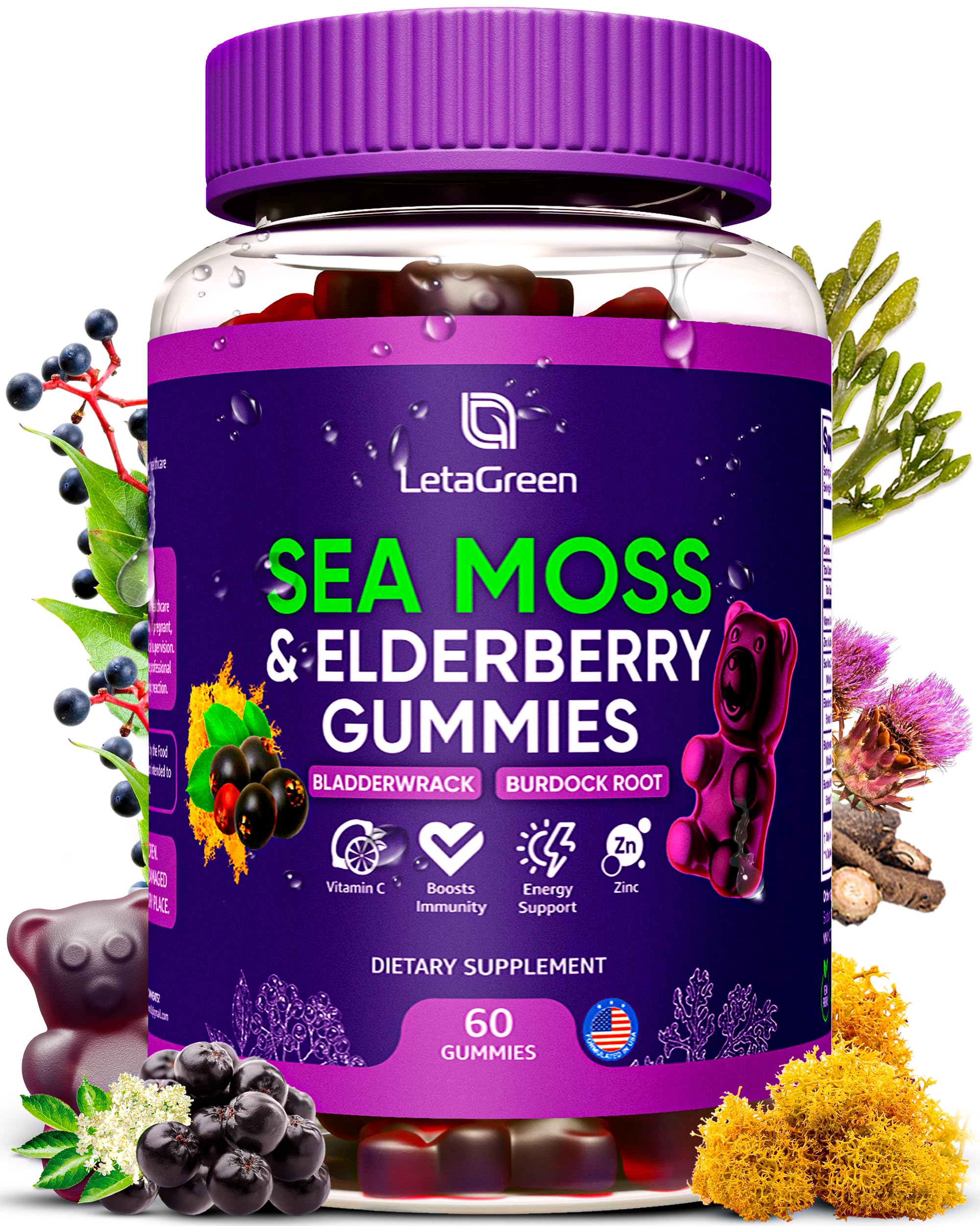 Irish Sea Moss Gummies – Bladderwrack Burdock Root Elderberry Vitamin C & Zinc – 60 Vegan Seamoss Gummy Bears for Adults Kids Men Women – Multimineral Elderberry Vitamins