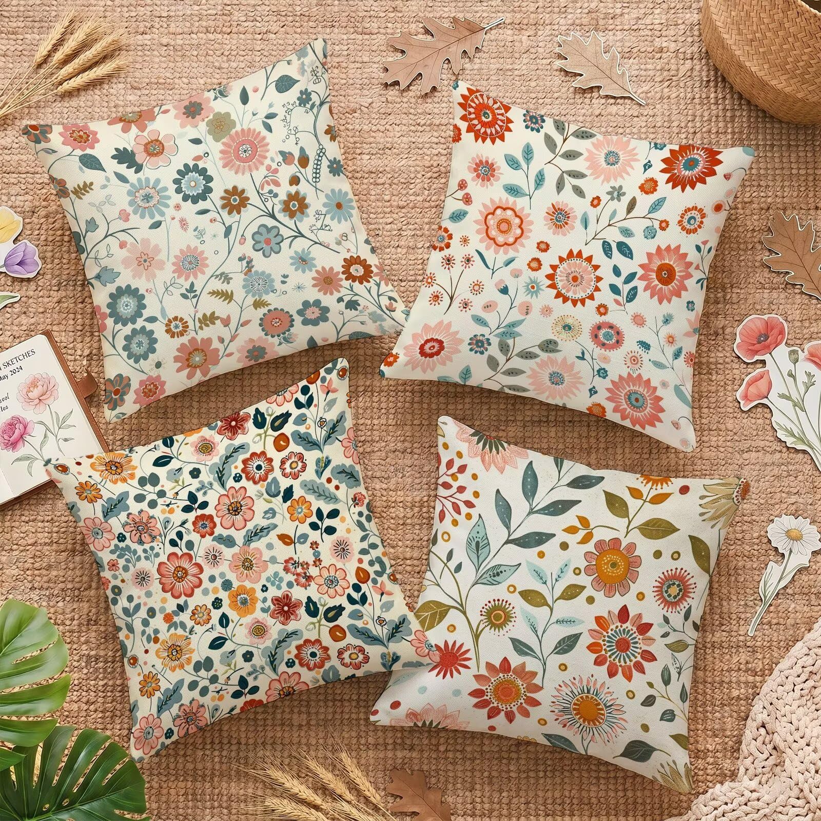 Housse de coussin extérieure imperméable 60x60 en velours de fleurs roses