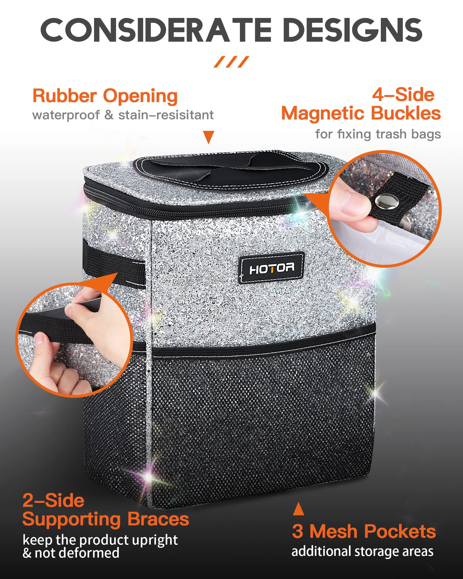 HOTOR Car Trash Can, Leakproof Car Organizer, 2-Gallon, Sparkle White view 4