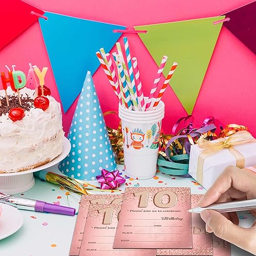 Miniatura 3 de Invitaciones de cumpleaños número 10 para niños, tarjetas de invitación de fiesta de cumpleaños de oro rosa, suministros de decoración de fiesta de