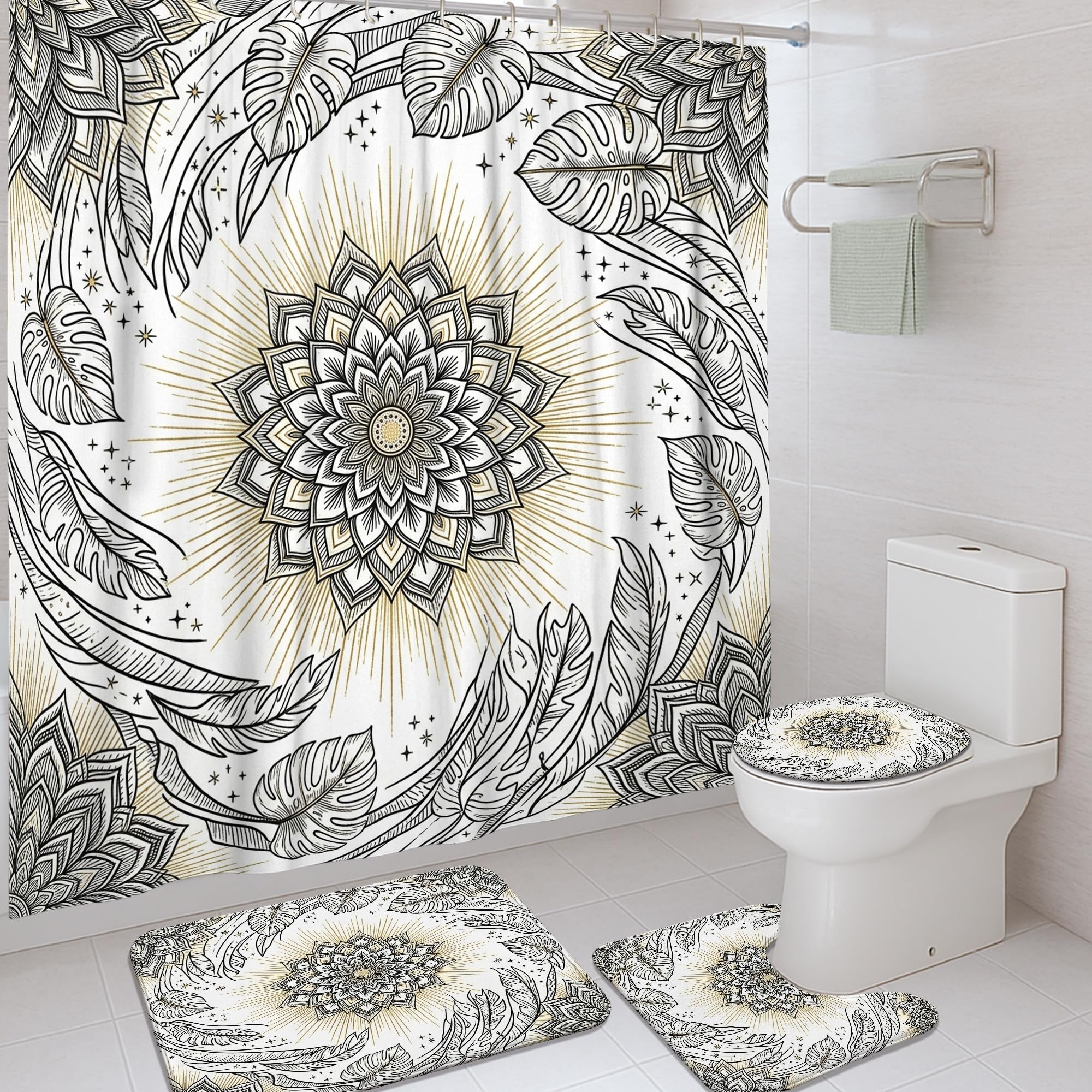 Rideau de douche noir 183x183 cm floral imperméable avec crochets pour baignoire d'appartement