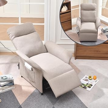 Power Recliner Chair with Remote Control & Side Pocket, Linen, Brown | Adjustable Electric Recliner Chairs for Adults, Sleeper Sofa Bed, Upholstered Chair for Living Room/Bedroom, Easy Assembly