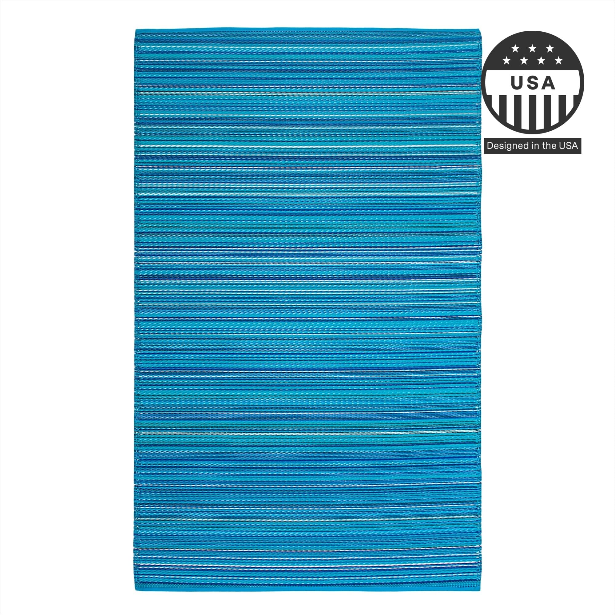 FH Home Outdoor Camping Rug - Waterproof, Fade Resistant, Reversible - Premium Recycled Plastic - Striped - Patio, Deck, Sunroom, RV - Havana - Turquoise - 5 x 8 ft Foldable