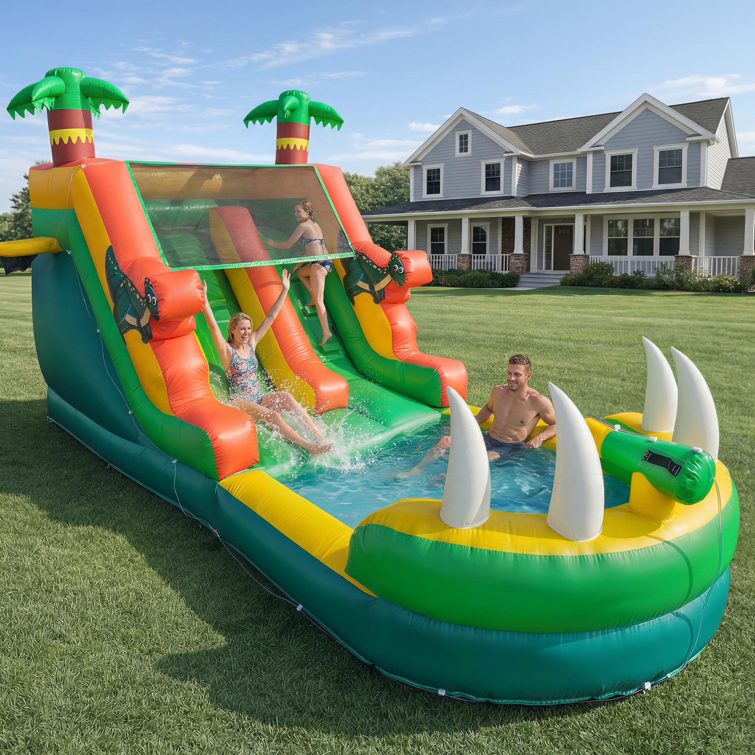 Inflatable Commercial Grade Water Slide: 21 ft (L) for Adults & Teenagers - Large Pool, Premium PVC, 1100W Blower, Dinosaur Style - for Backyard Party Outdoor