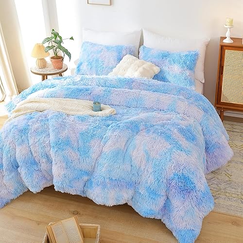Miniatura 2 de JANZAA Juego de edredón de piel sintética, tamaño Queen, edredón de felpa teñido anudado colorido, edredón azul, 3 piezas con 2 fundas de almohada,