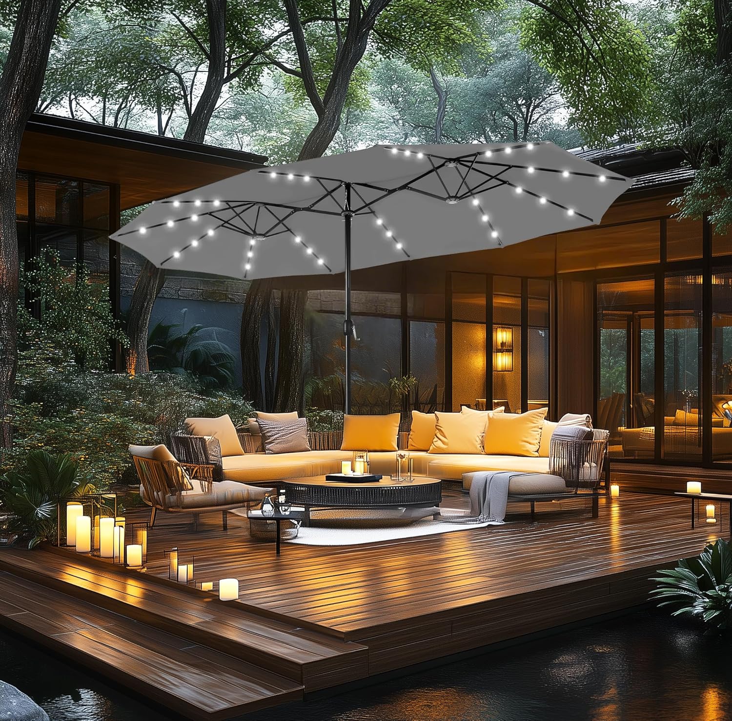 MFSTUDIO 15ft Double Sided Patio Umbrella with Solar Lights, Outdoor Large Umbrellas with Crank Handle and 36 LED Lights, Rectangular Market Umbrella with Base Included for Deck Pool Shade, Smoky Gray
