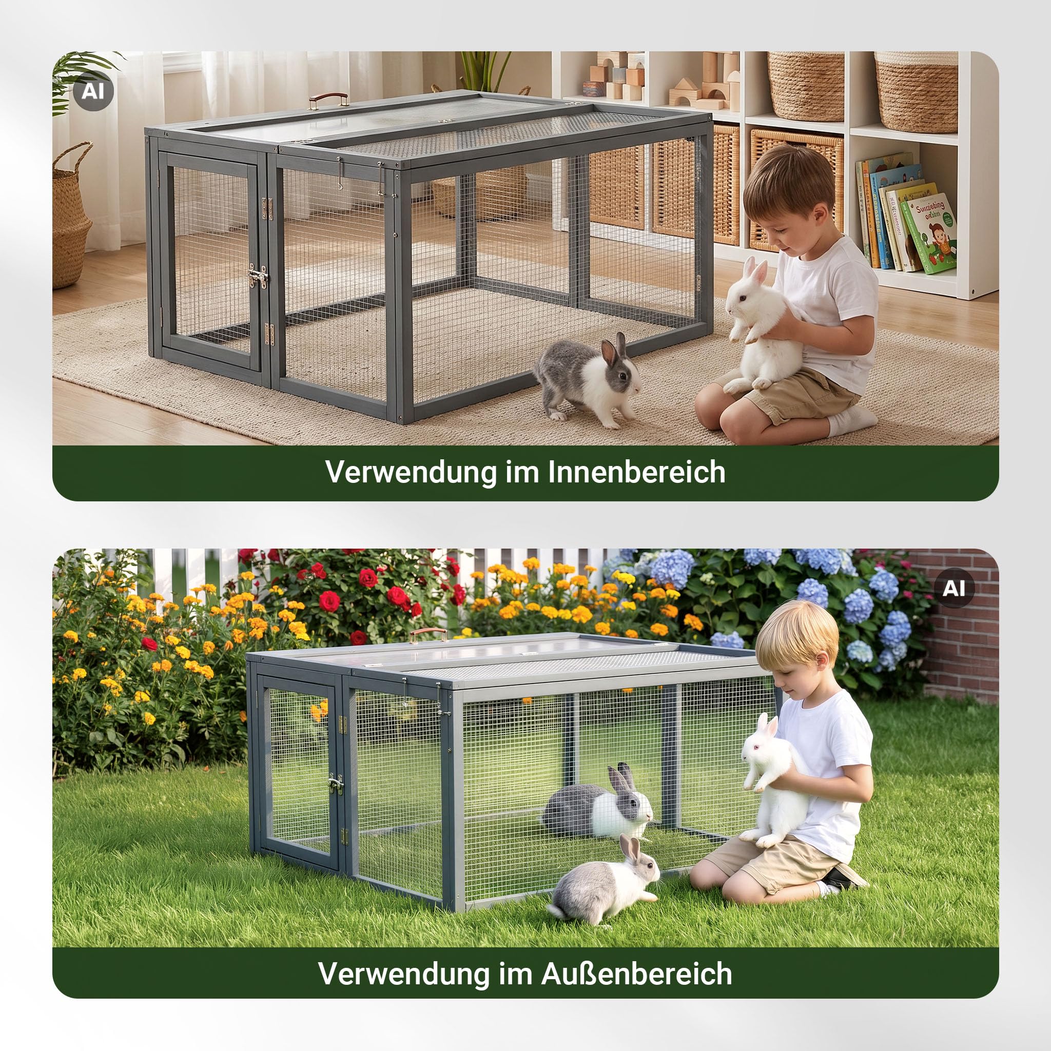 Wiltec Klappbarer Kaninchenstall Grau 109 x 93 x 54 cm, Hasenstall aus Tannenholz mit Drahtgitter, Kleintierstall Freigehege mit Tragegriff