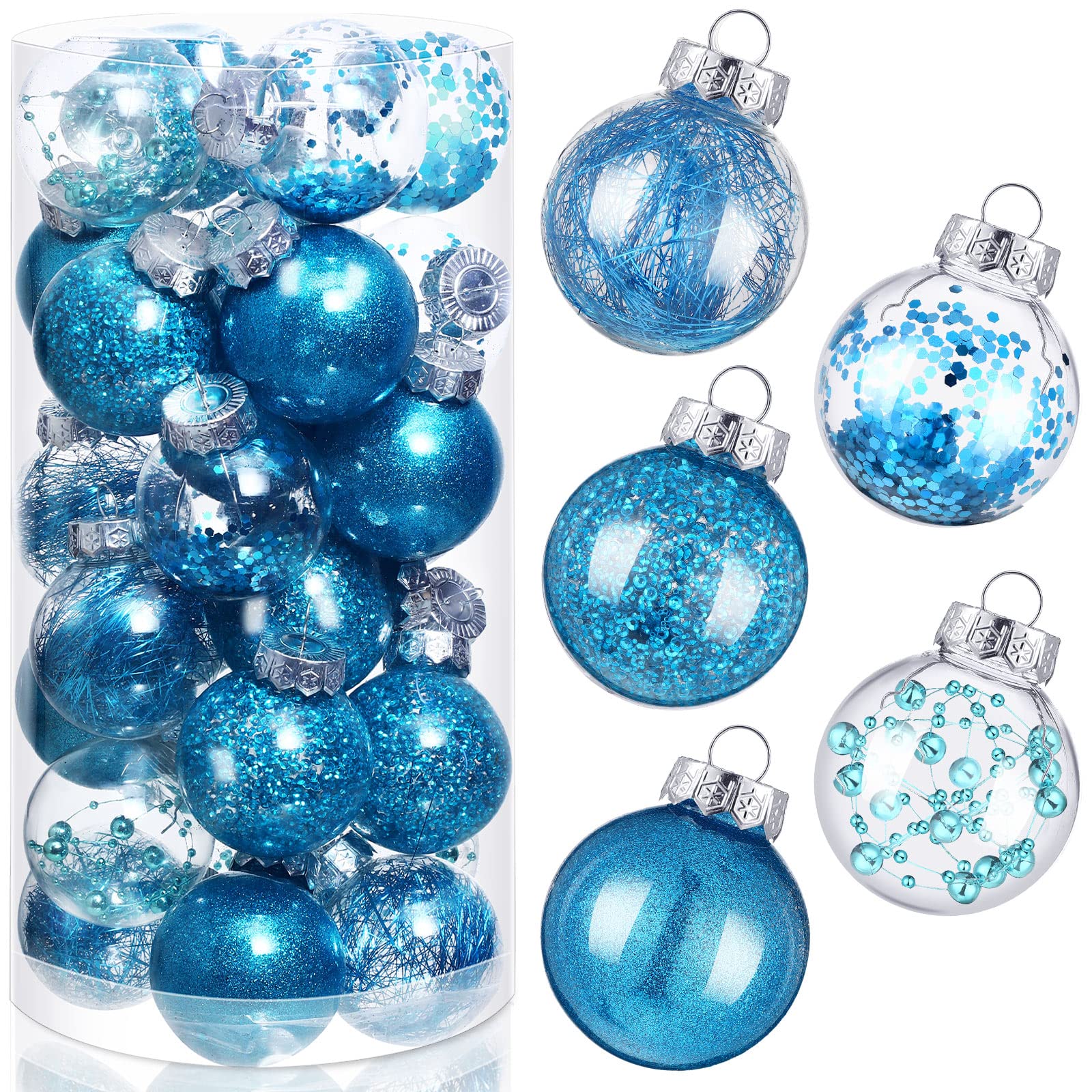 Hungdao 30 Pcs Christmas Ball Ornaments Clear Plastic Ball Decor Christmas Hanging Ornaments with Stuffed Delicate Glittering Decorations 60mm/2.36 Baubles Set for Xmas Tree Party Decor (Blue)